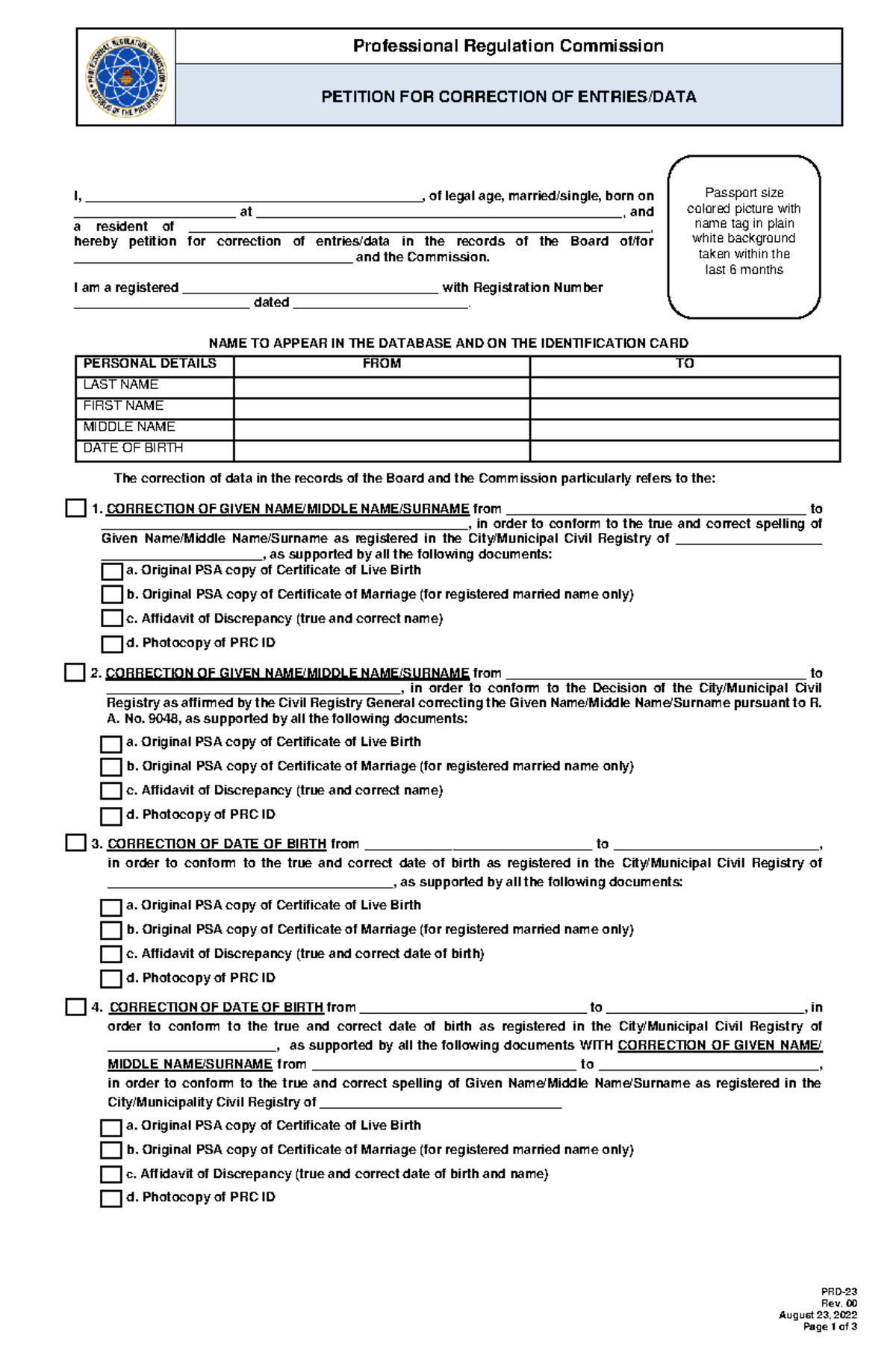 PRD-23 Petition for Correction of Data Entries - Rev. 00 - Studocu