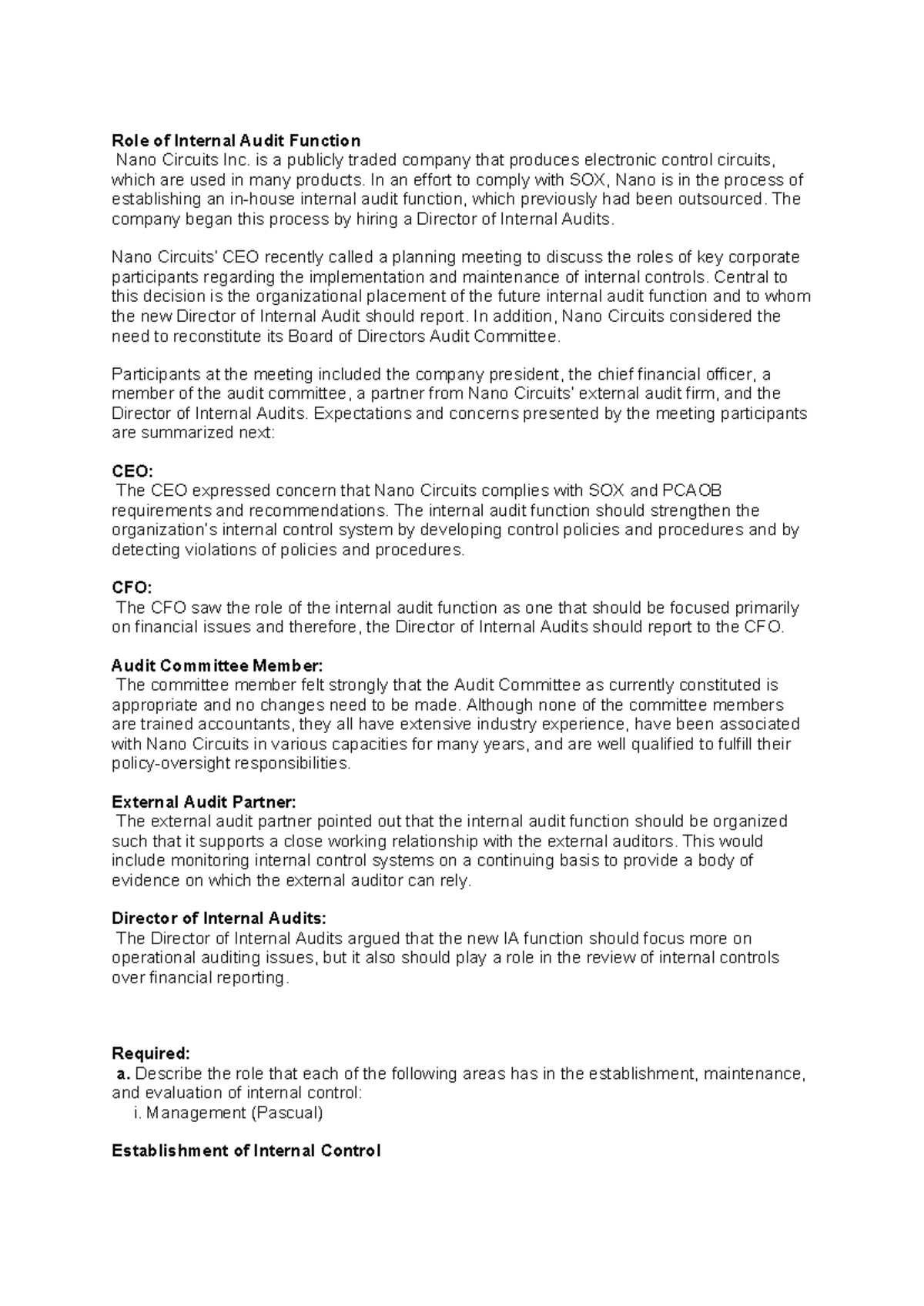 Role of Internal Audit Function in Compliance and Control - Case 1 ...