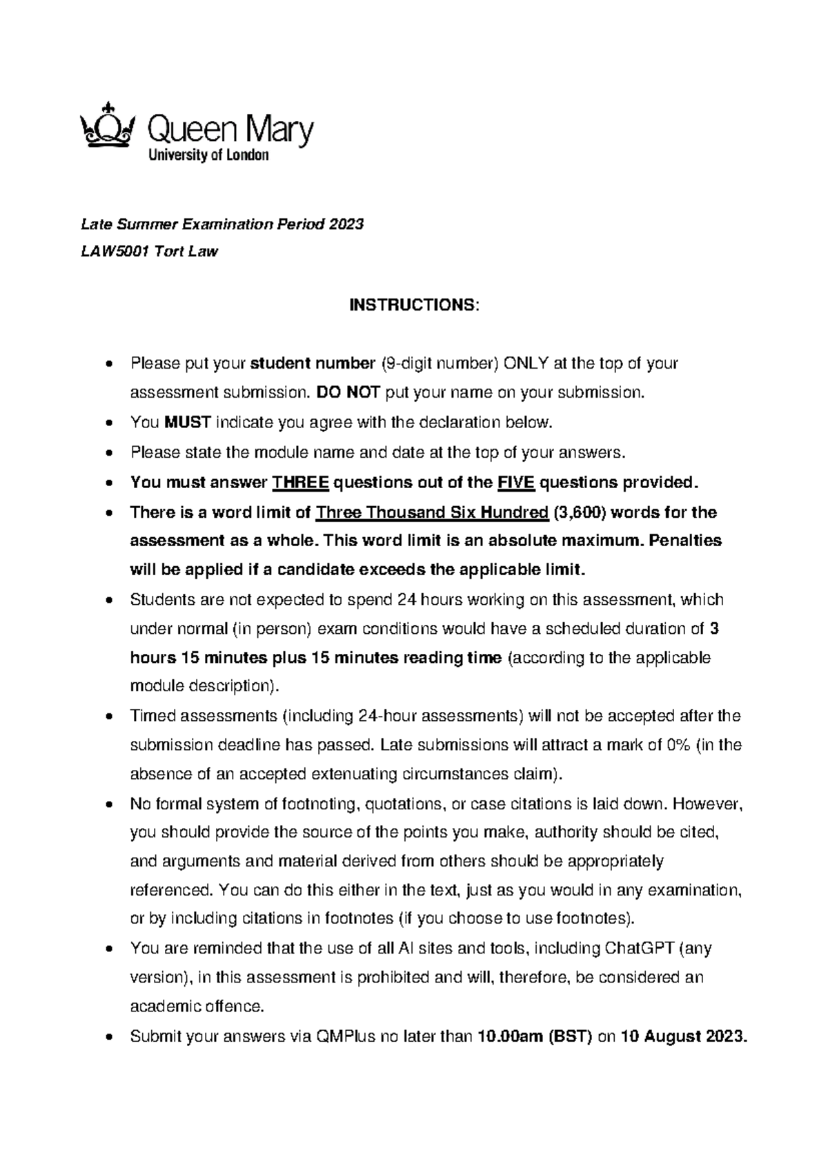 LAW511111071523 - Late Summer Examination Period 2023 LAW5001 Tort Law ...