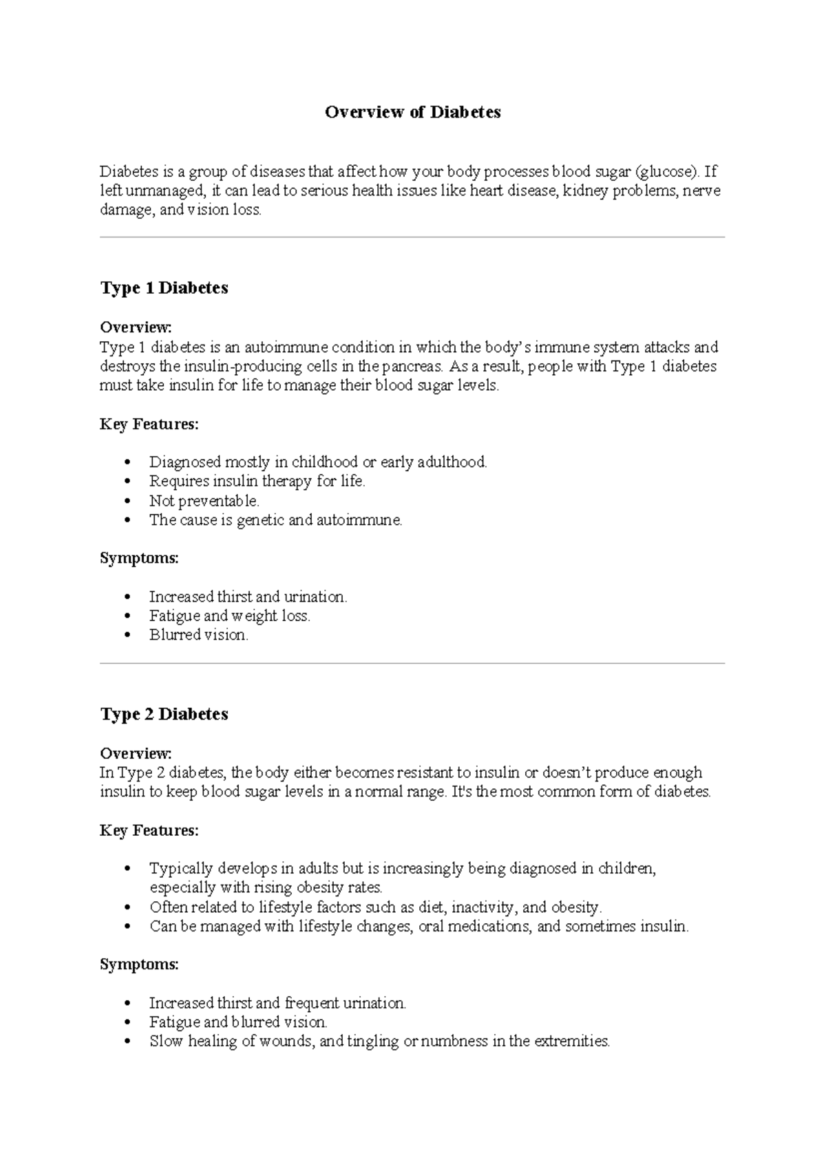 Overview of Diabetes: Type 1 & Type 2 Insights and Management - Studocu