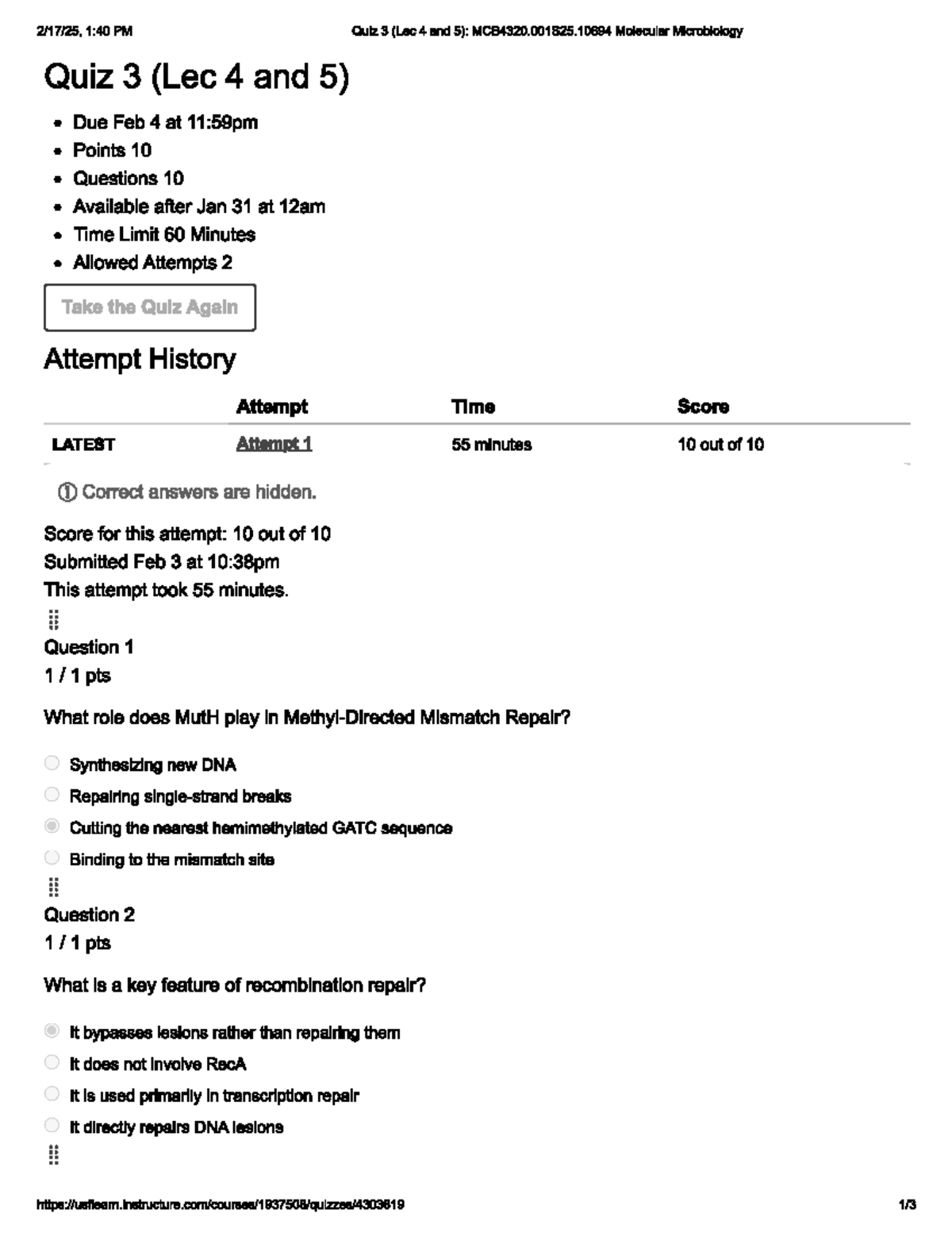 Quiz 3 - MCB4320.001S25.10694: Molecular Microbiology Lec 4 & 5 - Studocu