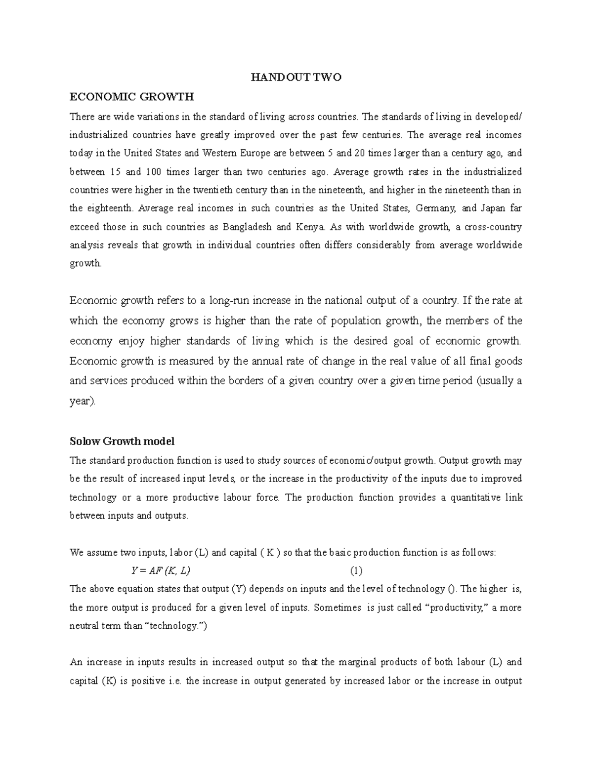 Intermediate Macroeconomics Handout 2: Economic Growth Insights - Studocu
