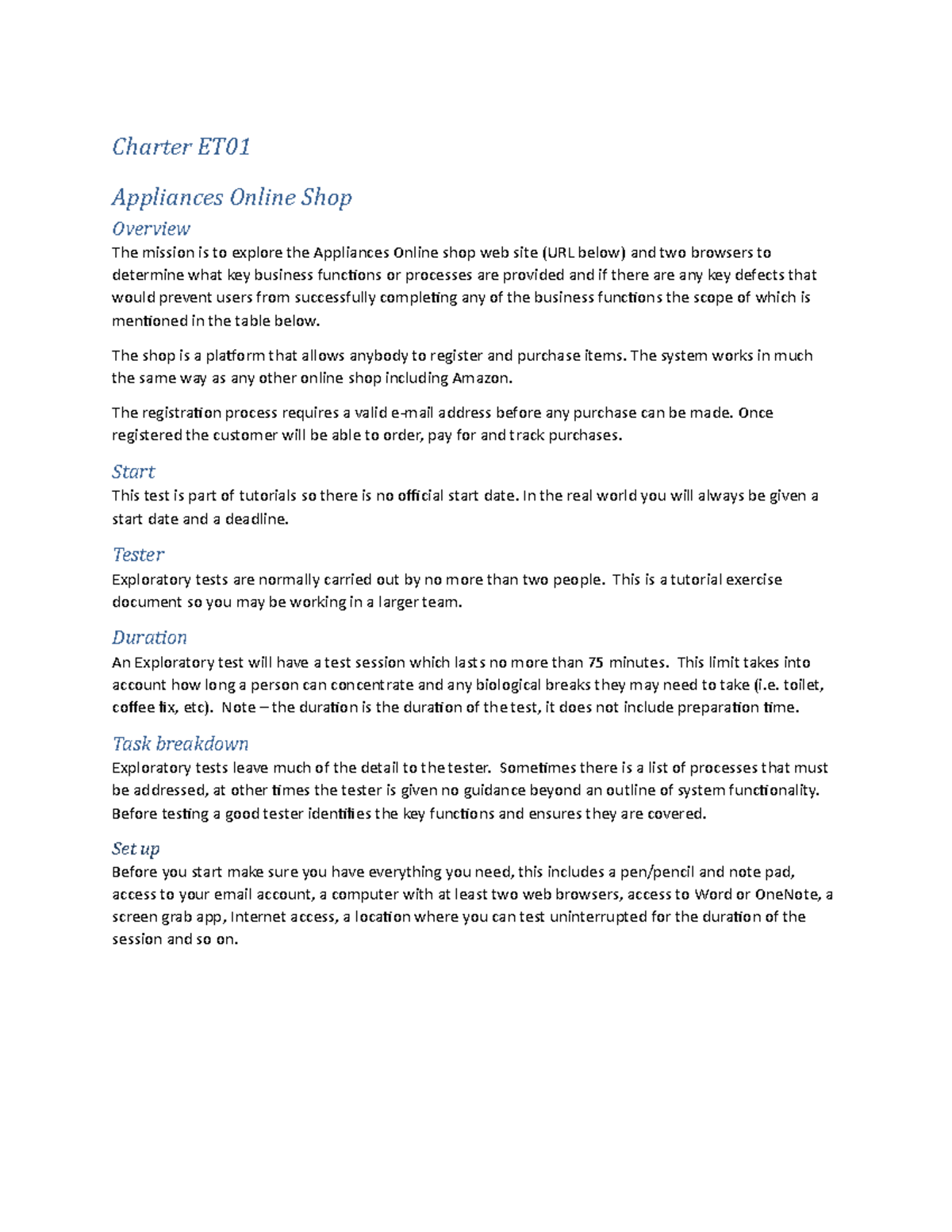 Exploratory Test Charter Tutorial Appliances Online Shop-1 - Charter ET ...