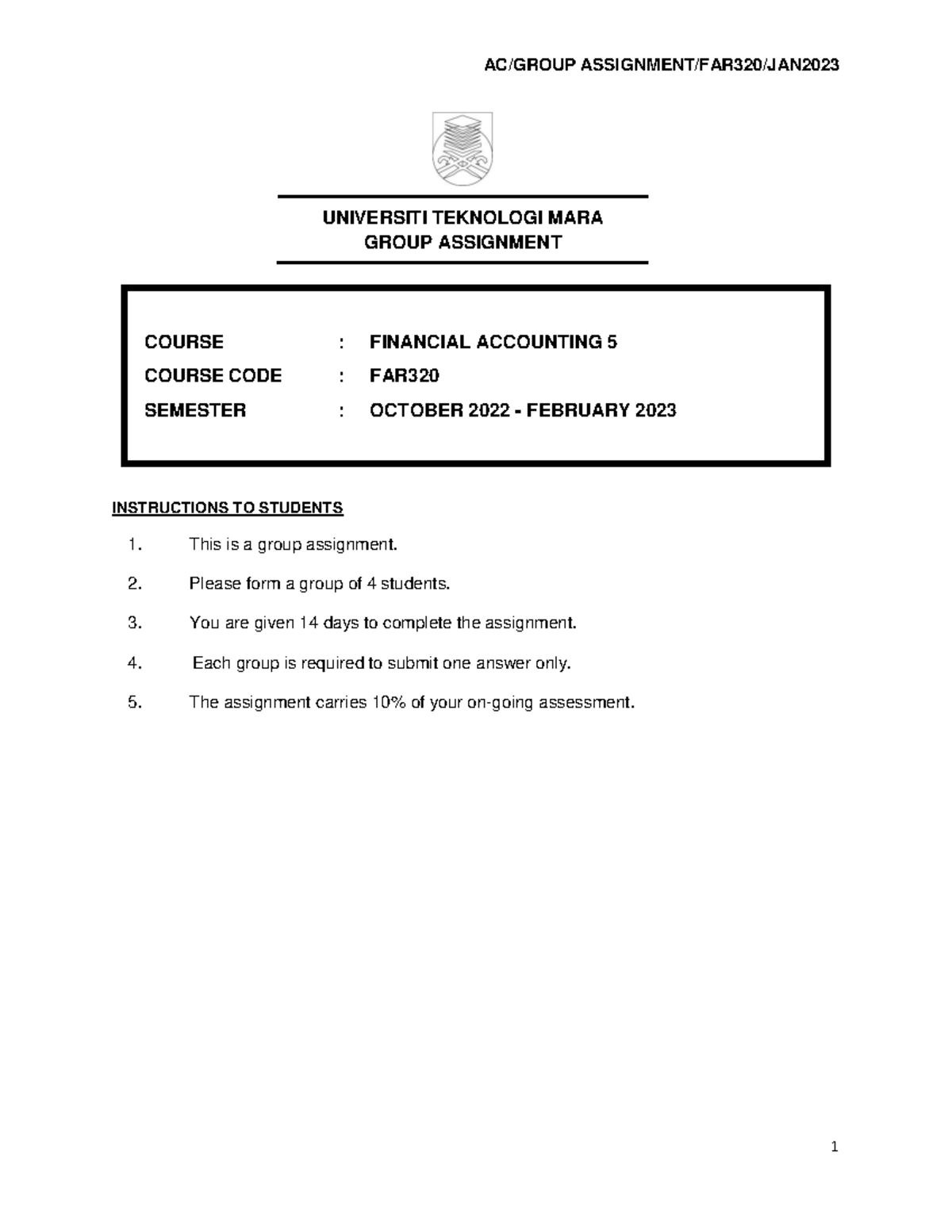 FAR320 Group Assignment: Financial Accounting 5 - Jan 2023 - Studocu