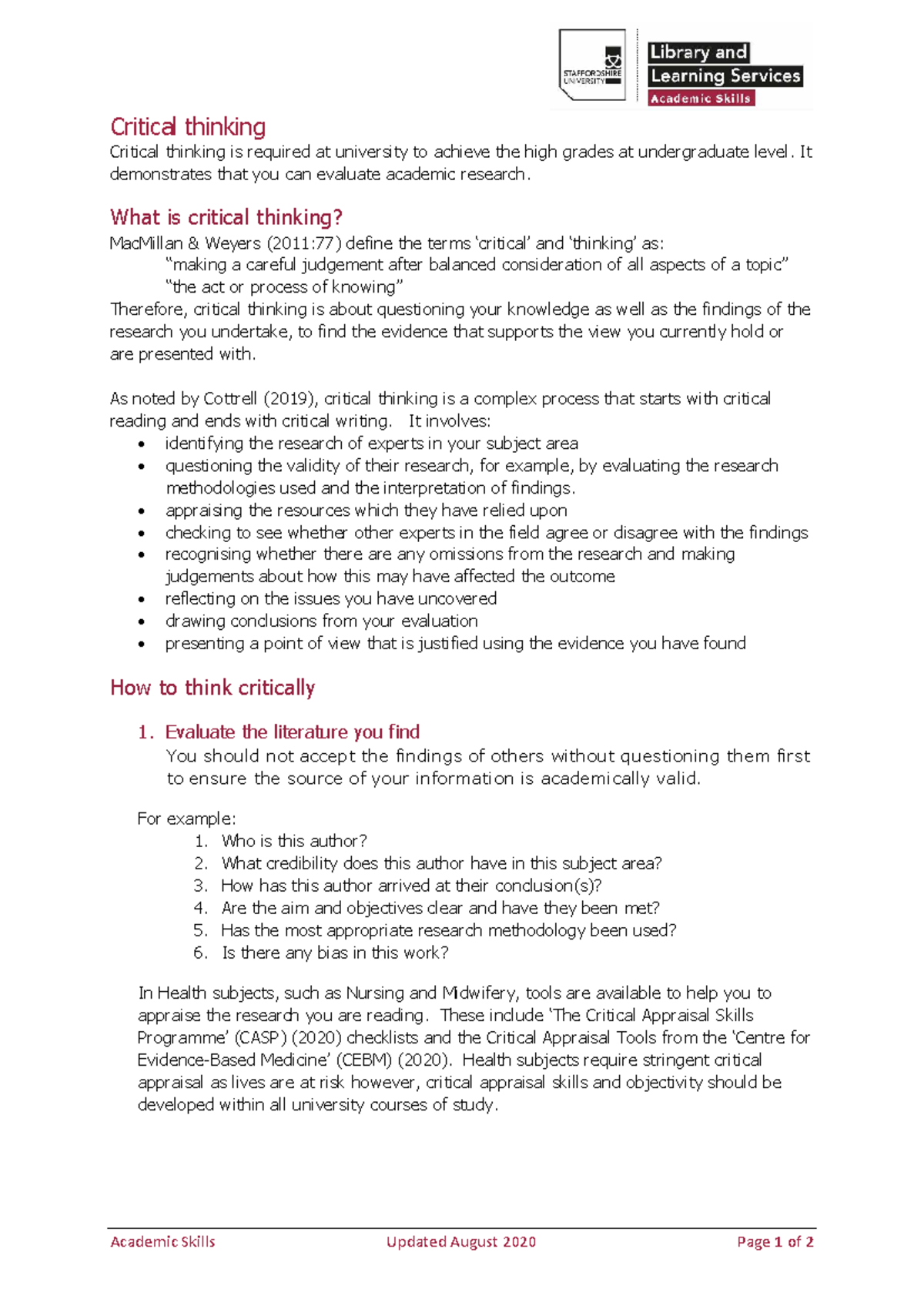 Critical Thinking Skills for University Success: A Guide (2020) - Studocu