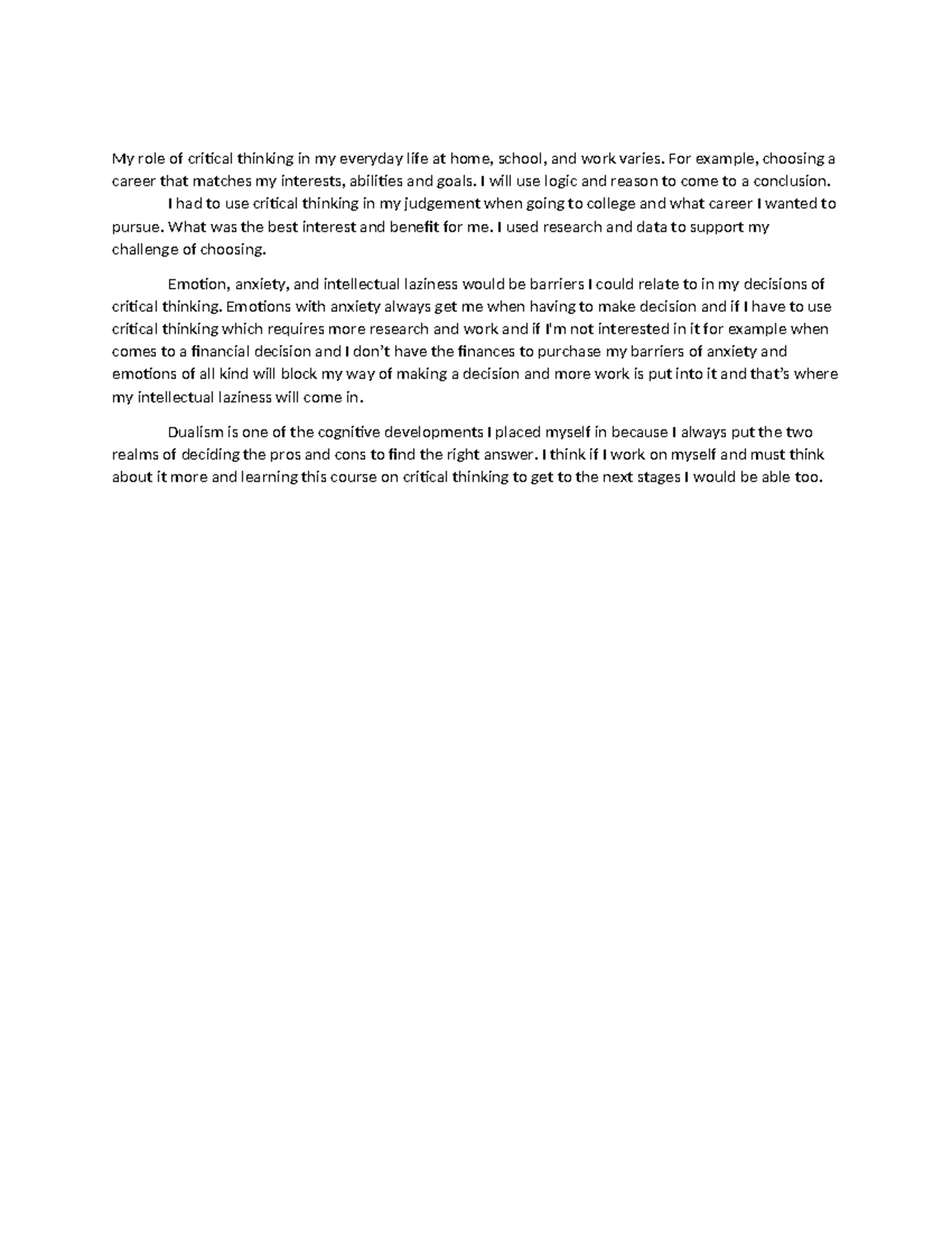 W1 Critical Thinking in Daily Life: Self-Assessment Insights - Studocu