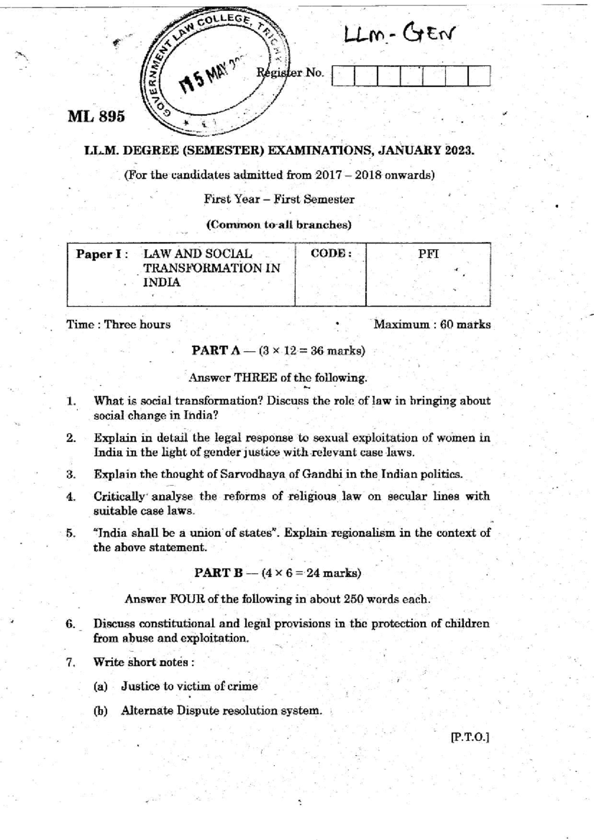 LLM 1st Sem Exam Questions: Law & Social Code, Judicial Process, Legal ...