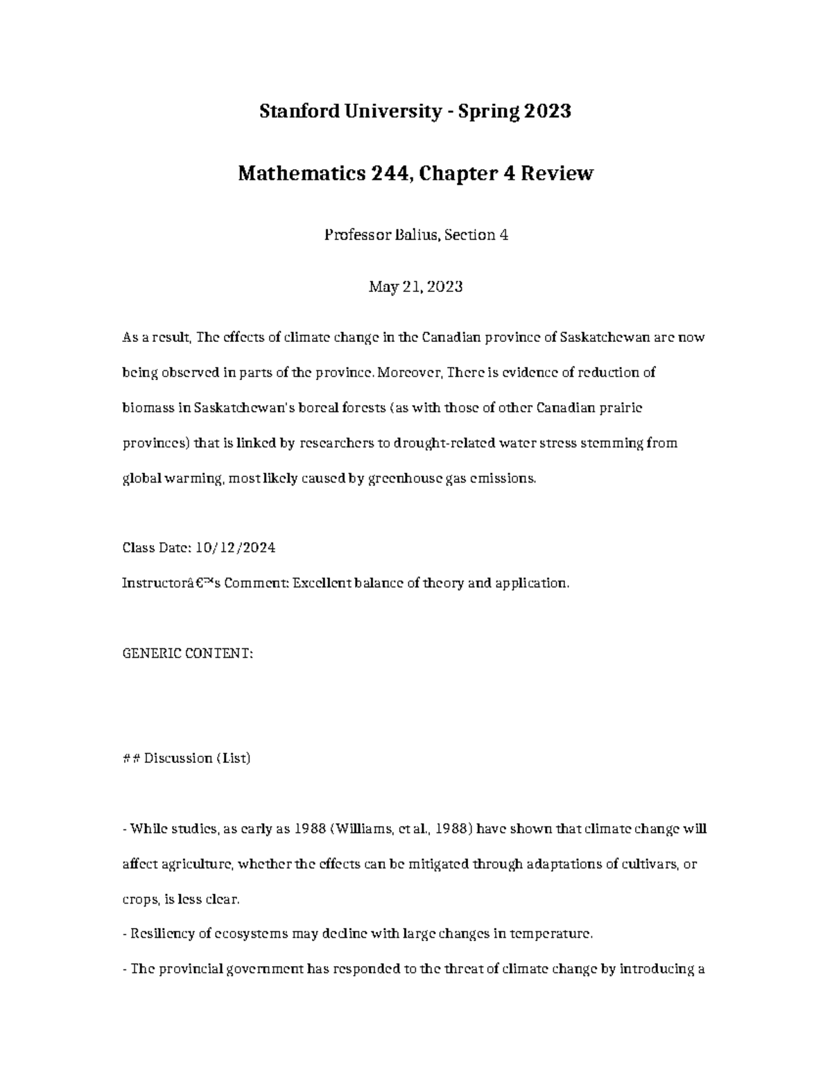 Mathematics 244 Chapter 4 Review - Stanford University - Spring 2023 ...