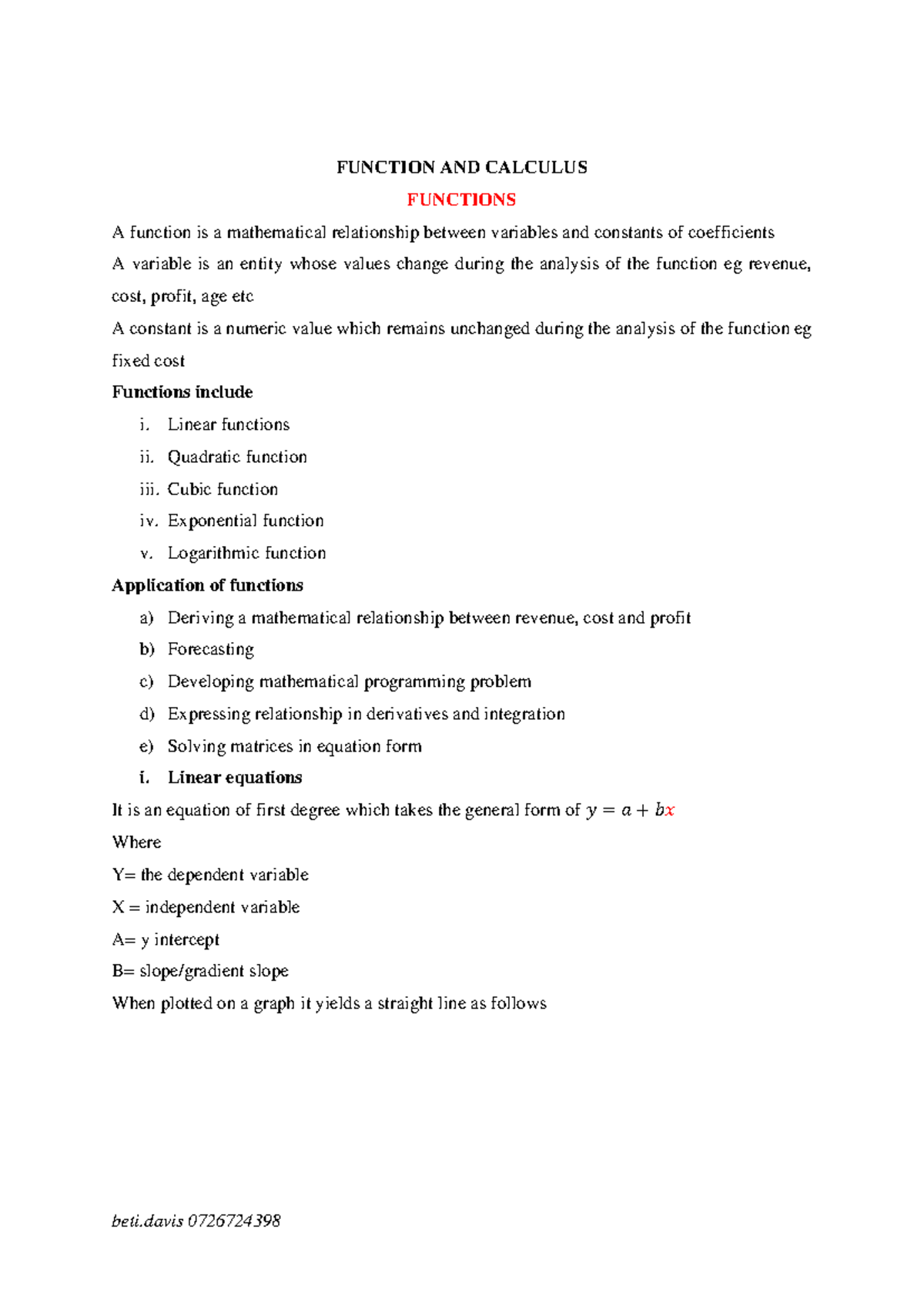 Functions and Calculus Overview - 241216 Final Exam Notes - Studocu