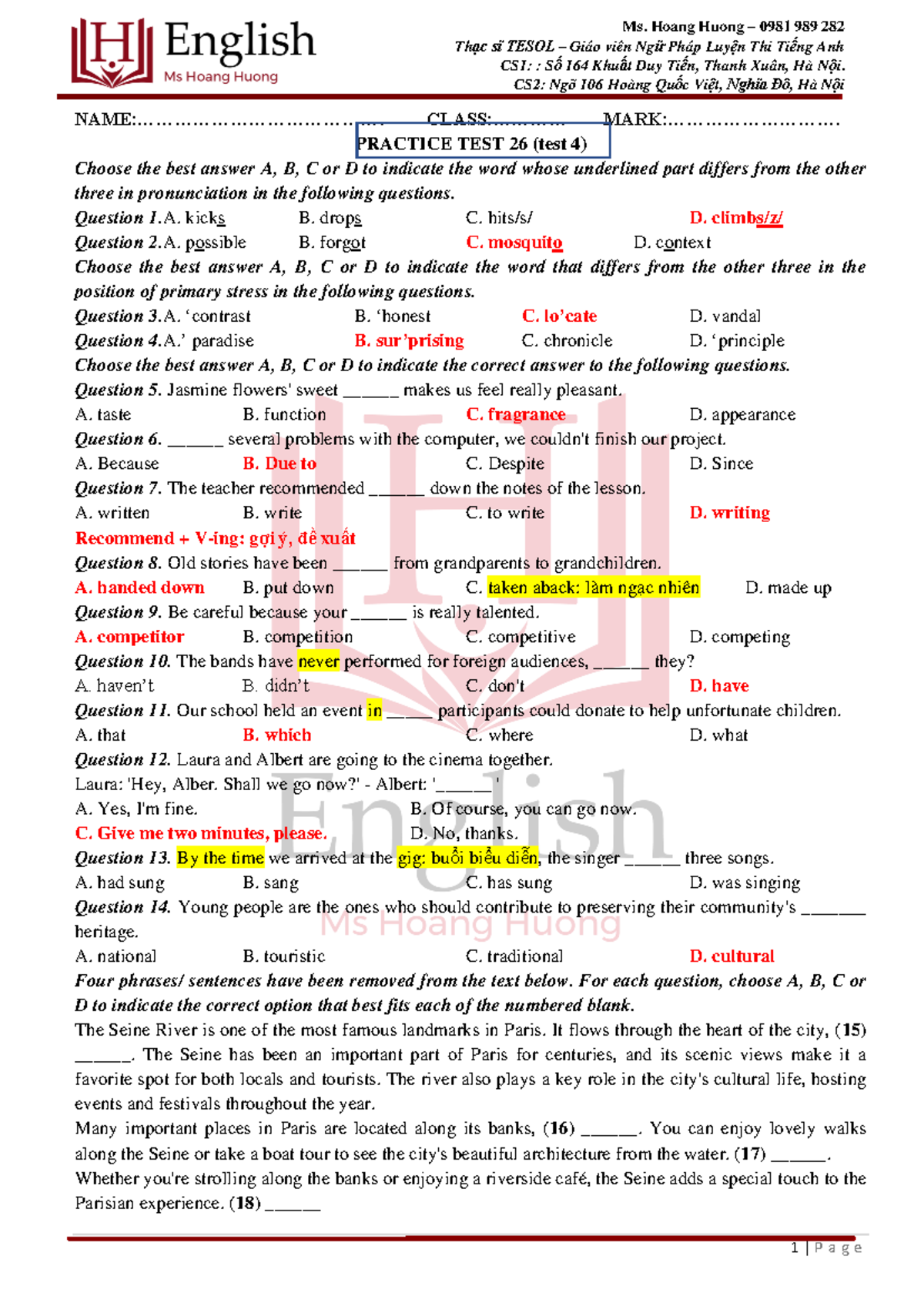 Practice Test 26: TESOL Grammar Exam Preparation - Studocu