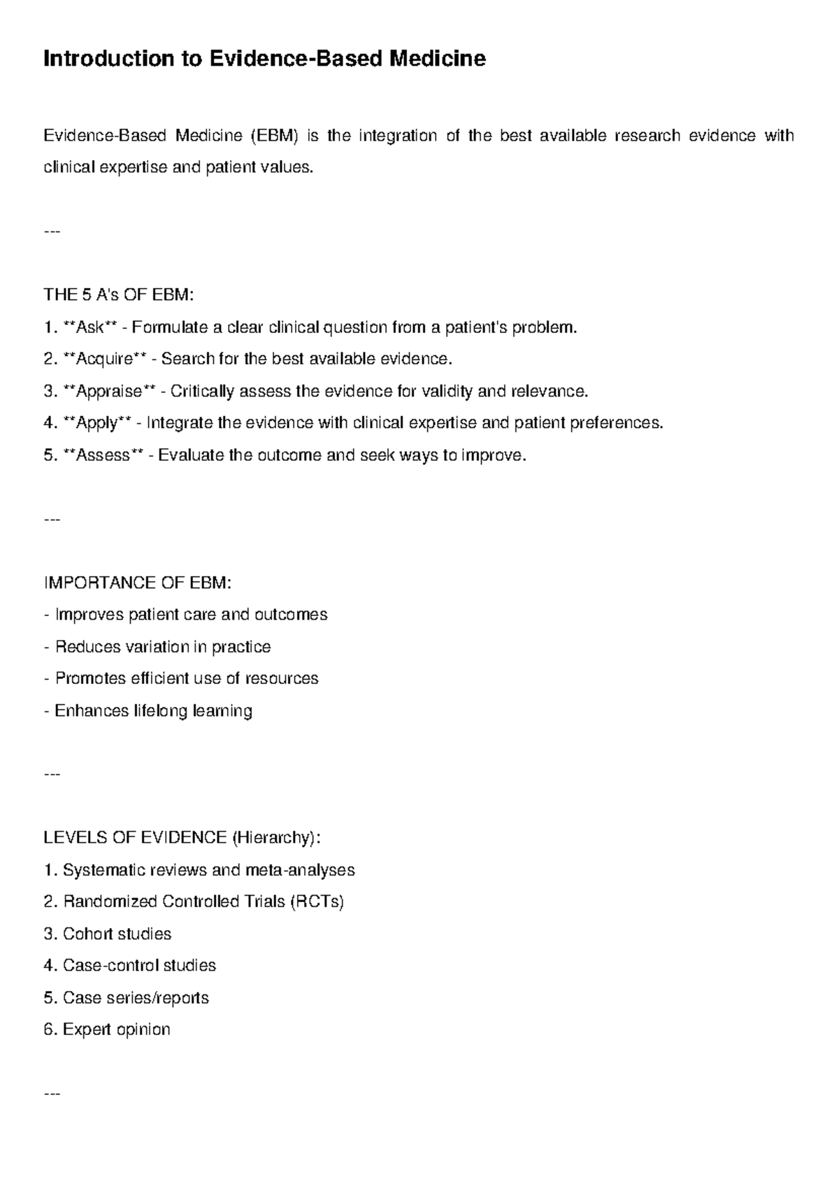 Introduction to Evidence-Based Medicine (EBM) Overview - Studocu