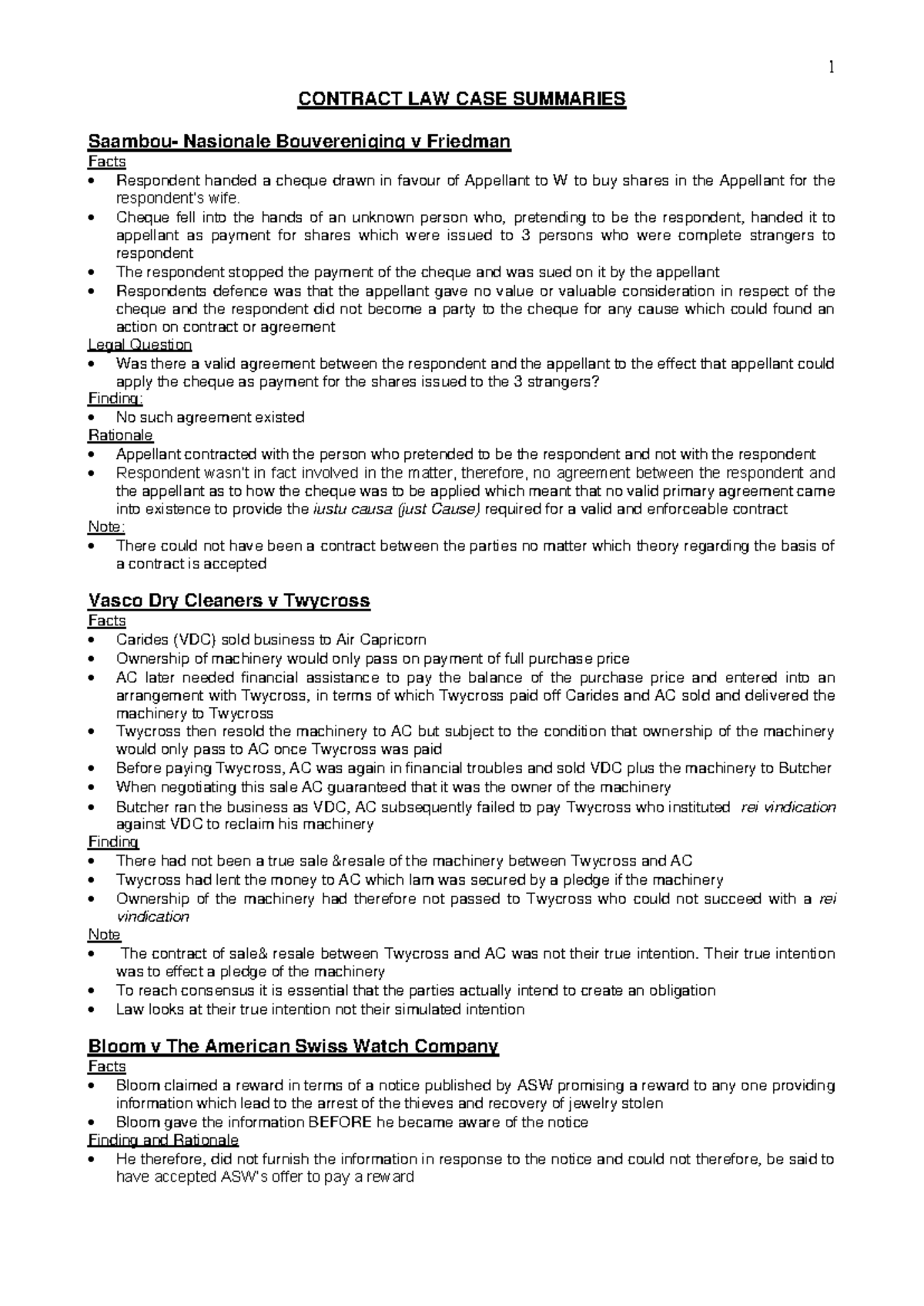 **Contract Law Case Summaries - LAW101 Final Exam Notes** - Studocu
