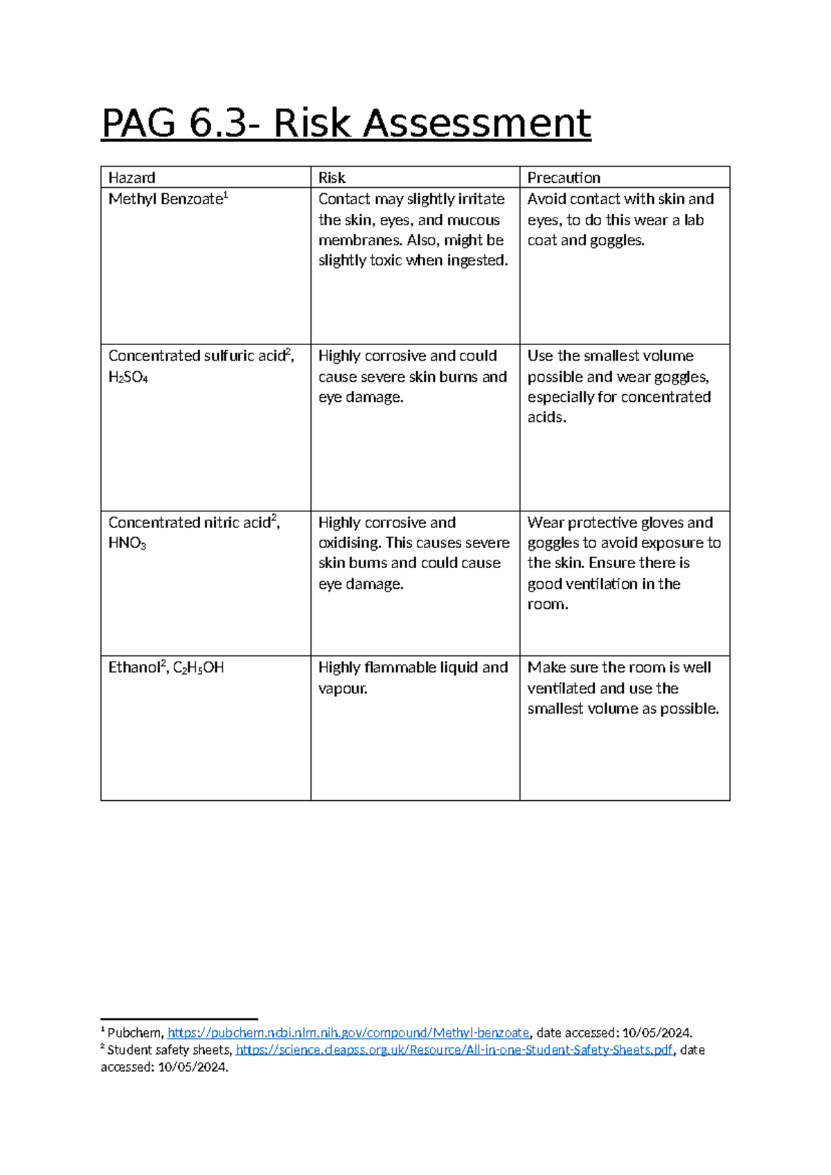 PAG 6.3 Chemistry - Risk Assessment for Hazardous Chemicals - Studocu
