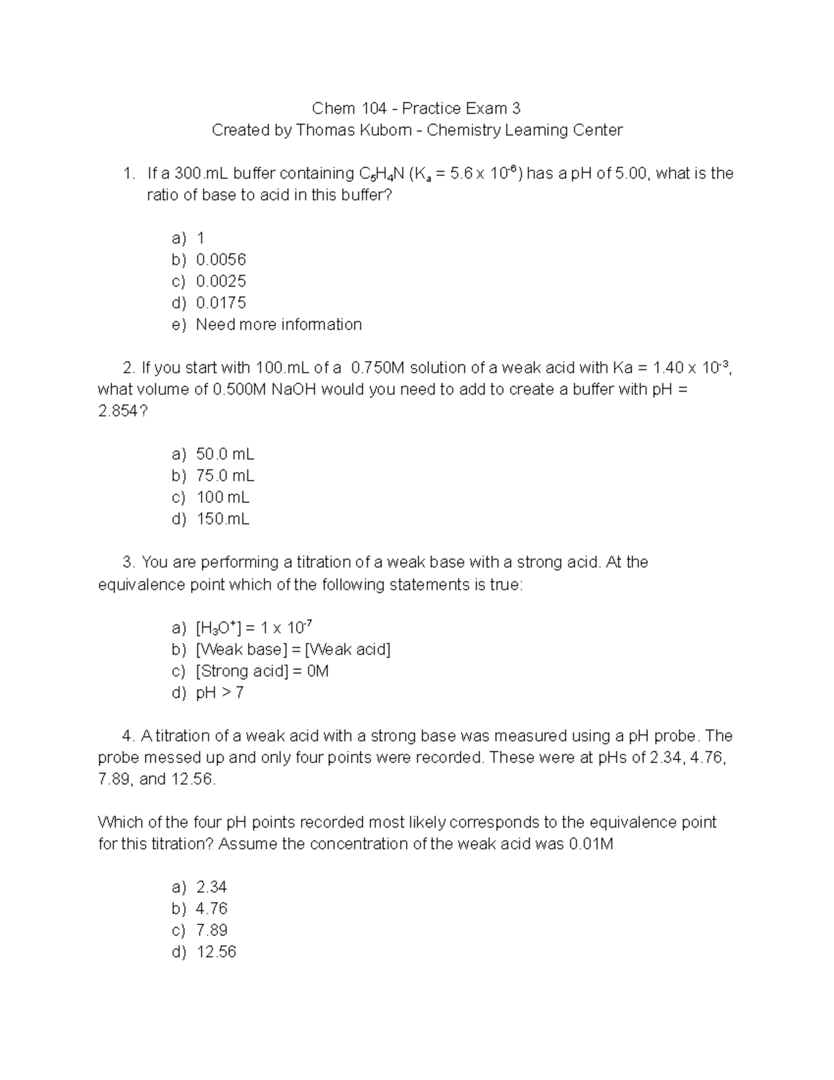 Chem 104 - Practice Exam 3 by Thomas Kuborn - Answers and Solutions ...