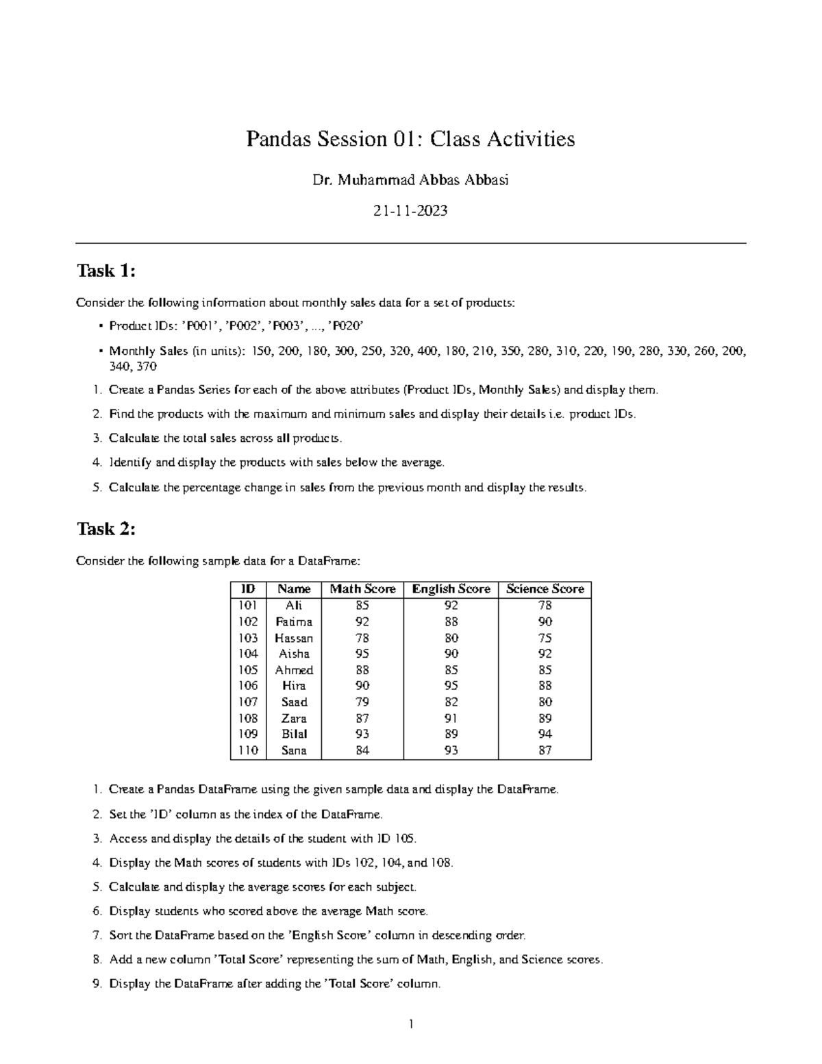 Pandas Class Activities - Session 01: Analysis & DataFrame Tasks - Studocu