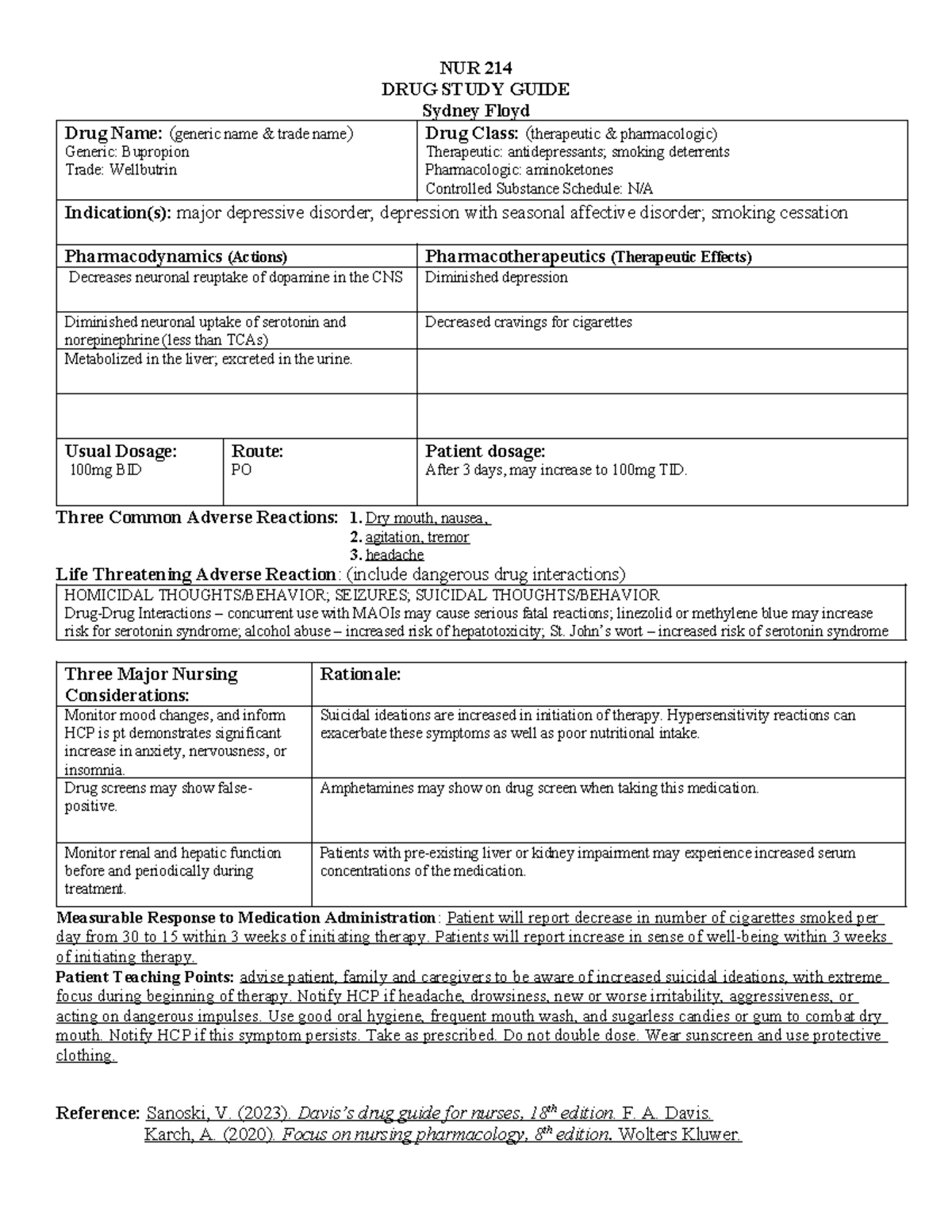 NUR 214 Drug Study Guide: Bupropion (Wellbutrin) Overview - Studocu