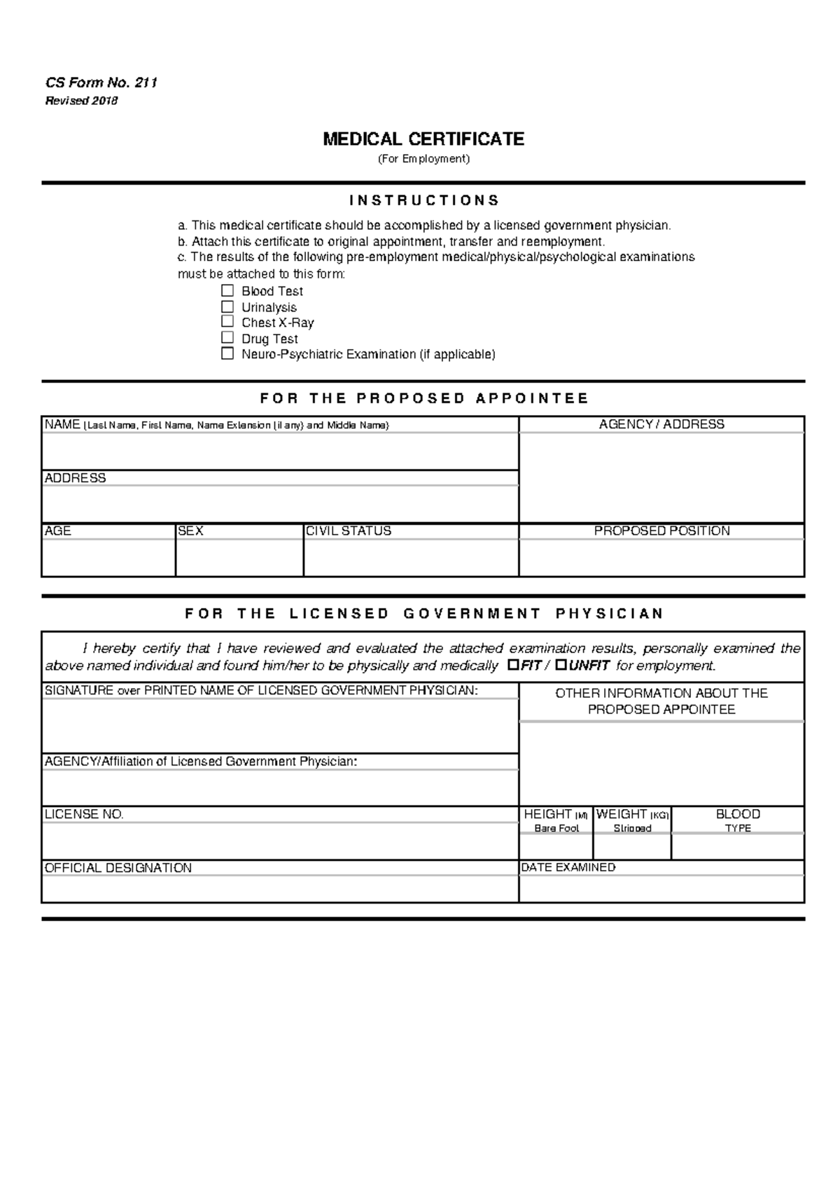 CS Form No. 211: Medical Certificate Template for Employment - Studocu