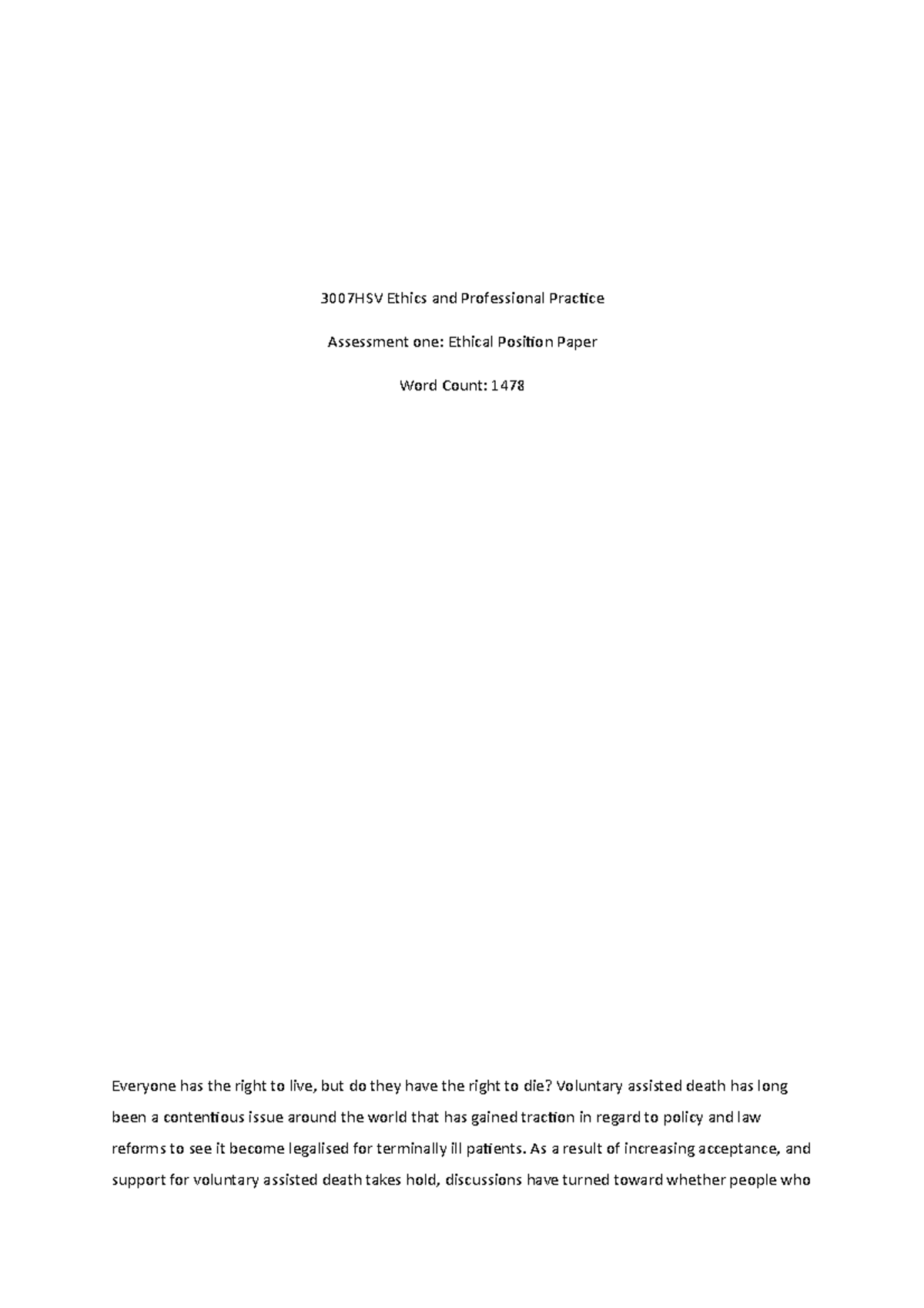 3007HSV Ethical Position Paper on Voluntary Assisted Death - Studocu