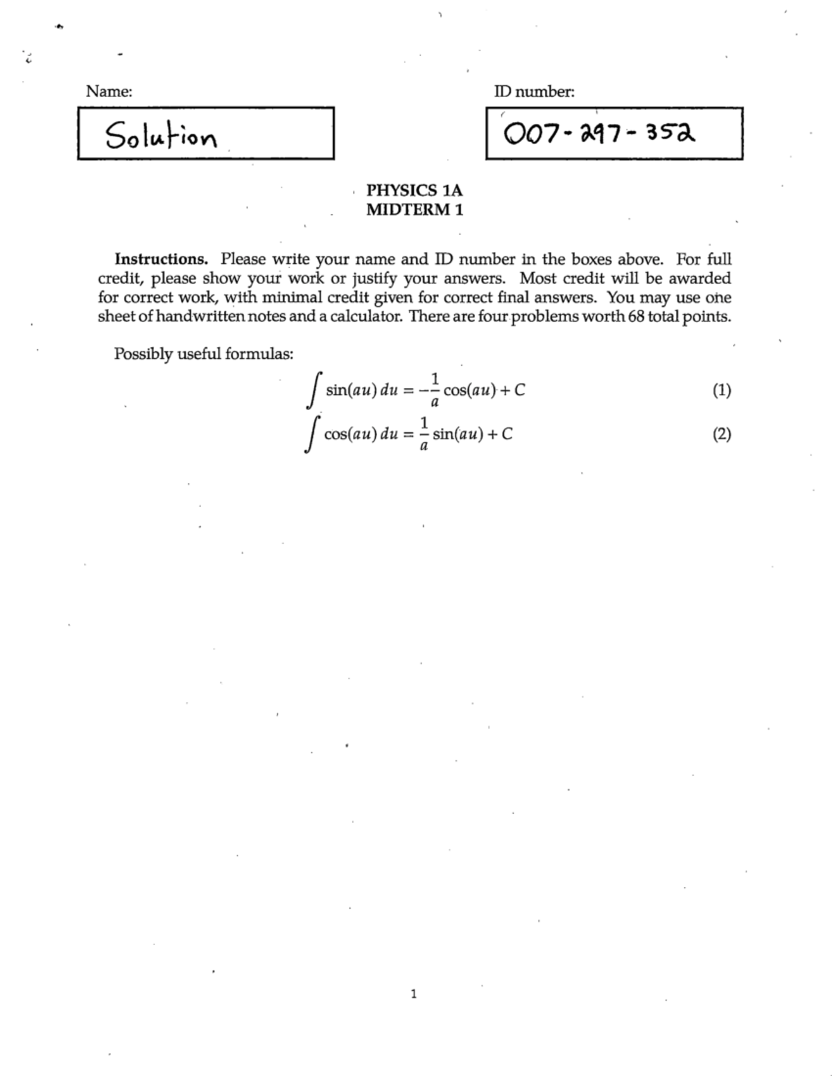 Physics 1A - Midterm 1 Solutions by Professor Bauer - Studocu