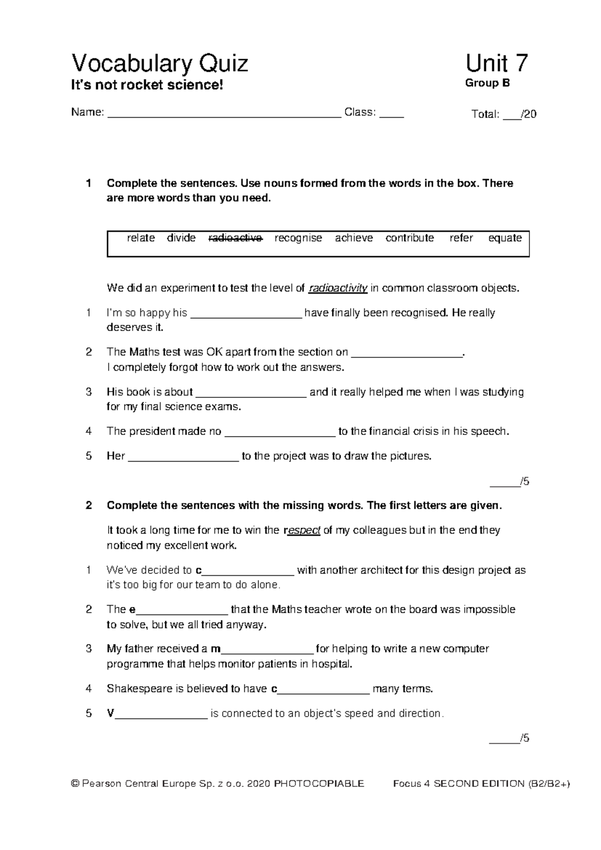 Focus 4 2E Vocabulary Quiz Unit 7 - Group B - Studocu