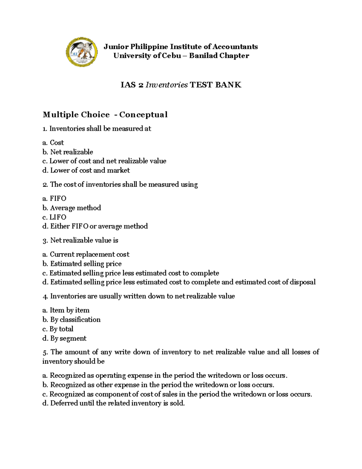 IAS 2 INVENTORIES TEST BANK - MULTIPLE CHOICE & TRUE/FALSE QUESTIONS ...