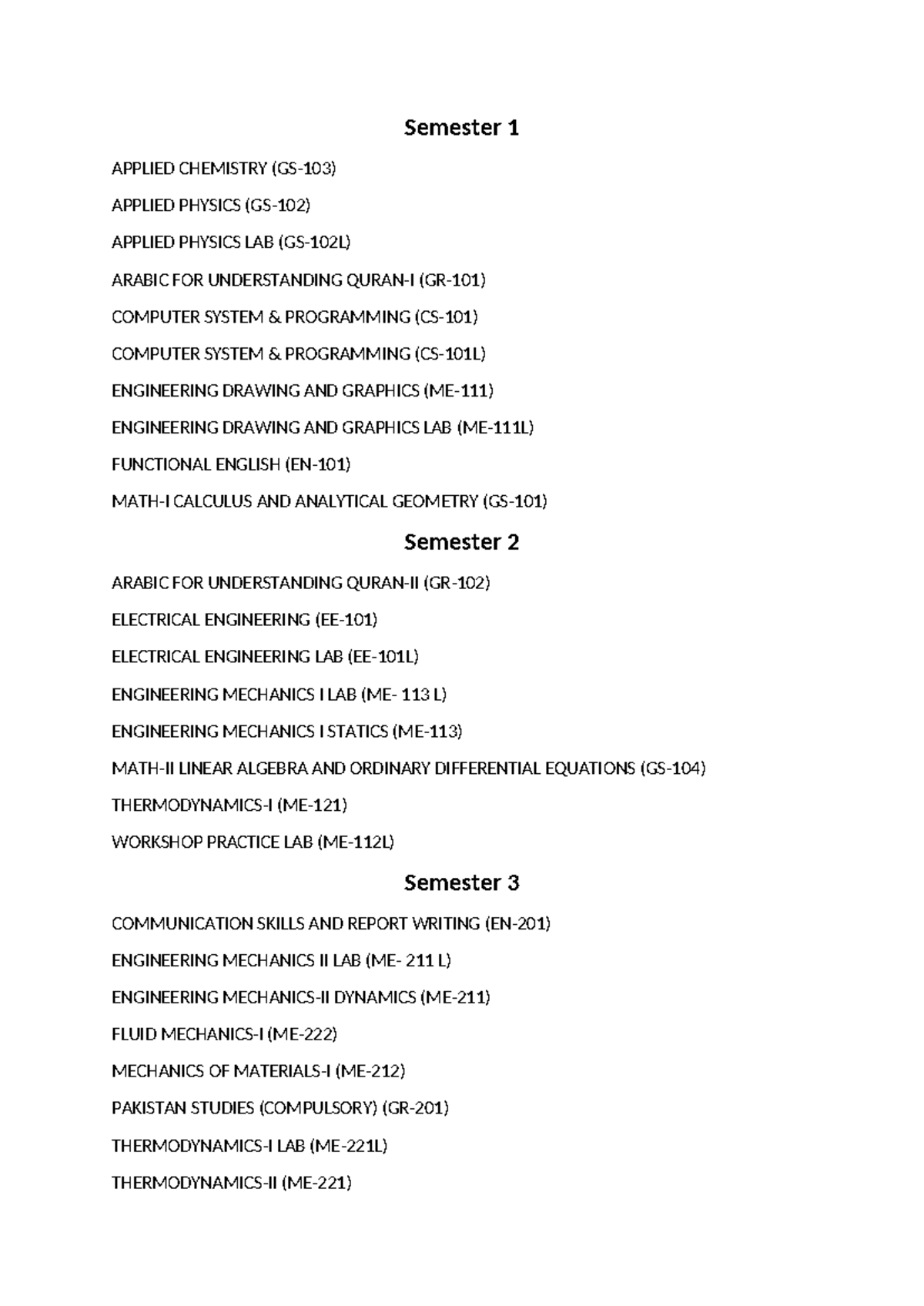BSME Course Scheme of Study: Semester Breakdown and Course List - Studocu