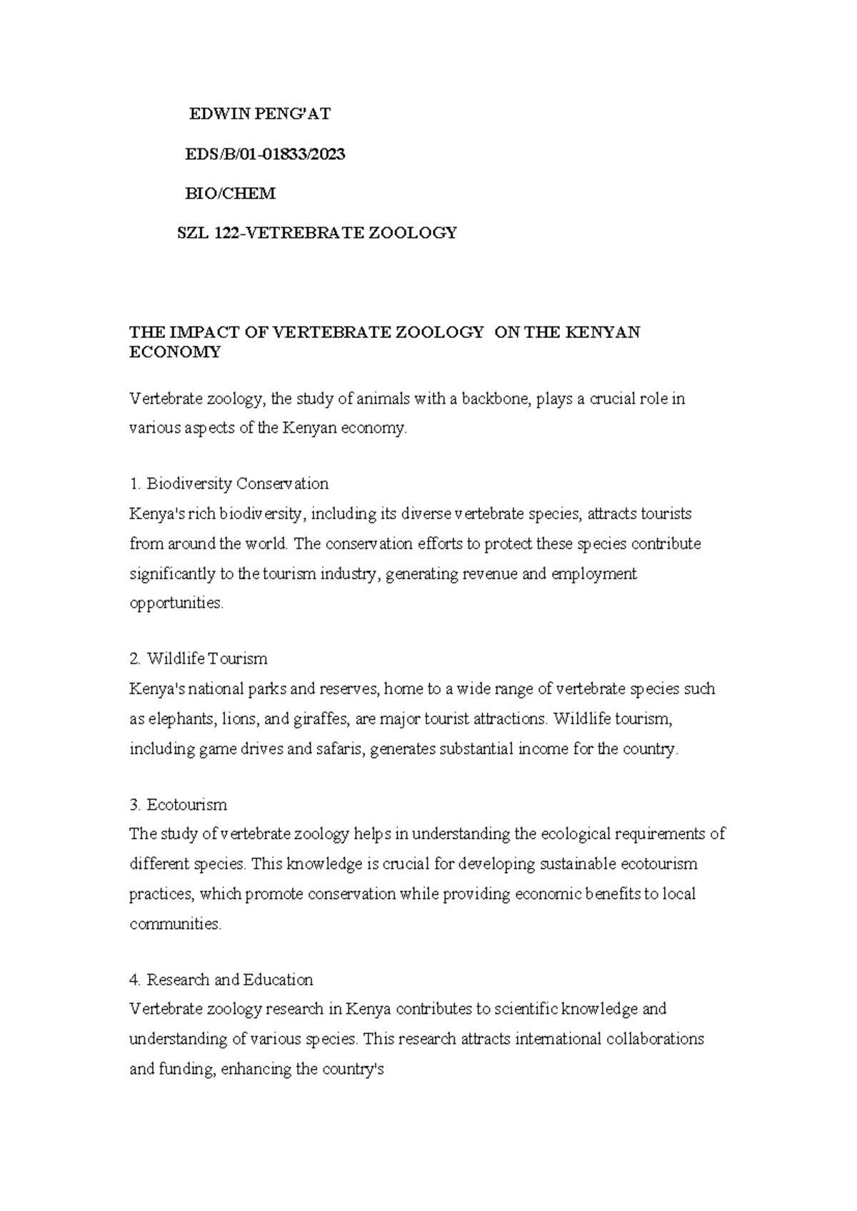 SZL 122 Essay - EDWIN PENG'AT EDS/B/01-01833/ BIO/CHEM SZL 122 ...