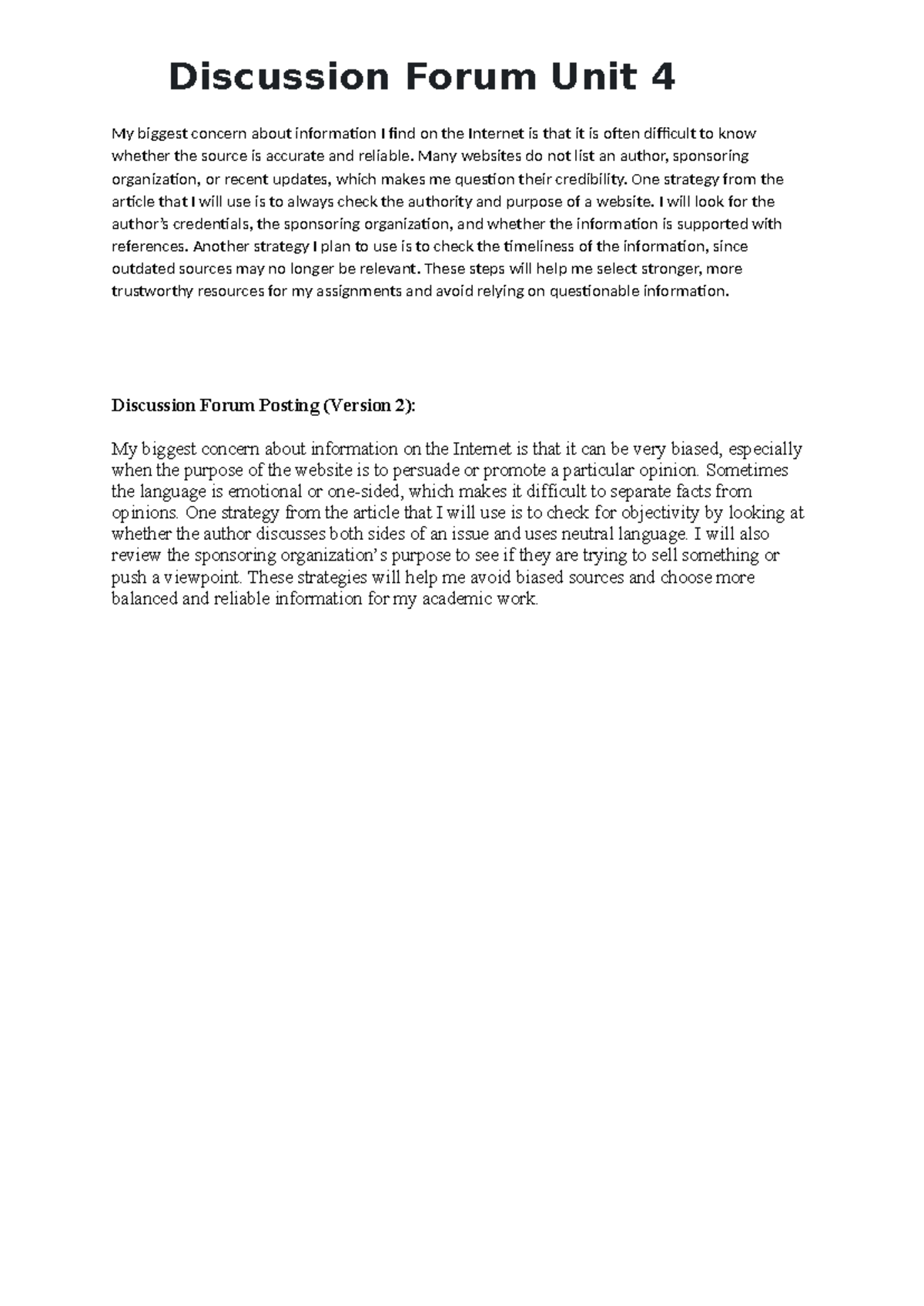 Discussion Forum Unit 4: Evaluating Internet Information Sources - Studocu