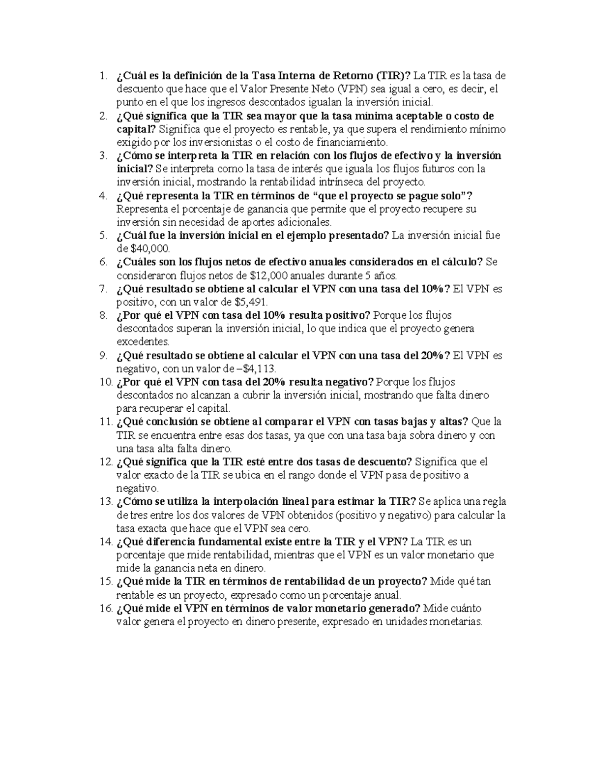 Cuestionario sobre Tasa Interna de Retorno (TIR) y Valor Presente Neto ...