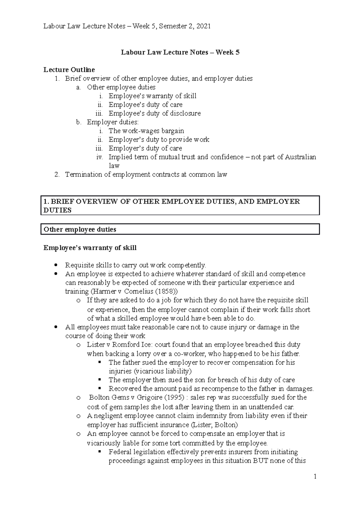 Labour Law Lecture Notes - Week 5 Outline & Key Case Passages - Studocu