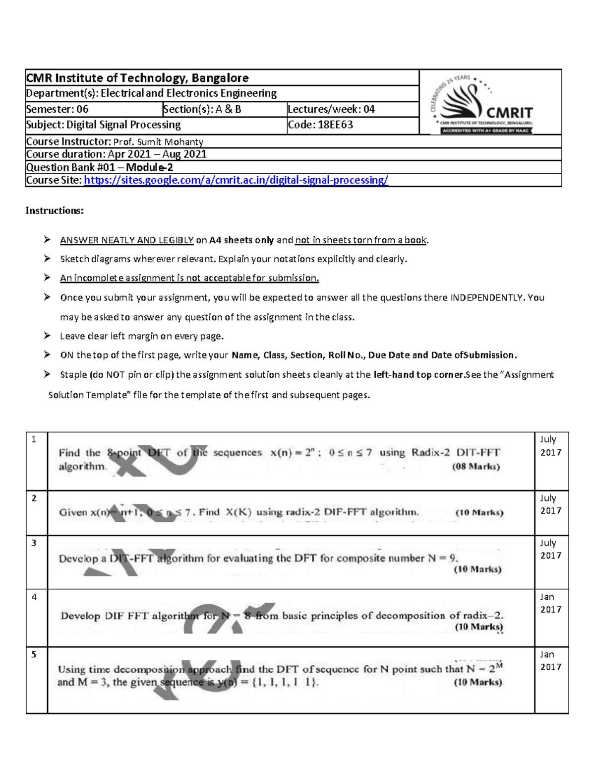 18EE63 Digital Signal Processing Module 2 Question Bank - Studocu