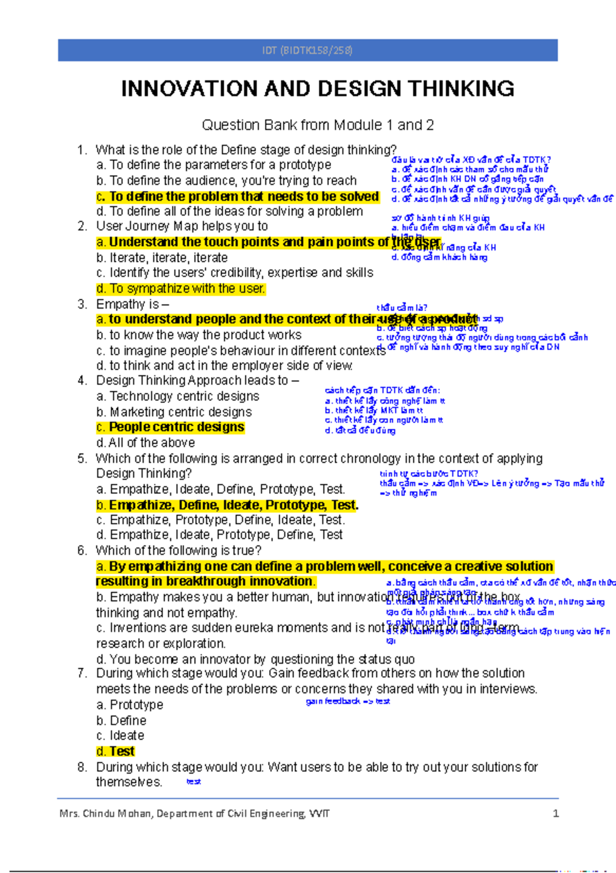 IDT 1 & 2: Comprehensive Question Bank for Design Thinking MCQs - Studocu