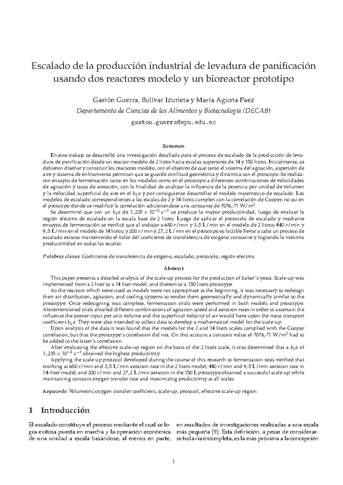 Escalado de Producción de Levadura: Prototipo y Reactores Modelo (DECAB ...
