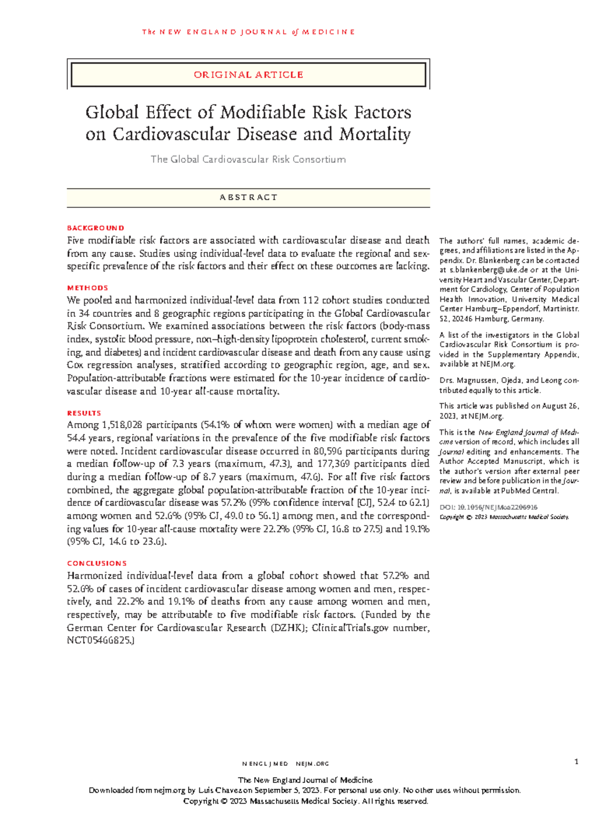 Global Cardiovascular Risk Consortium Study: Modifiable Factors ...