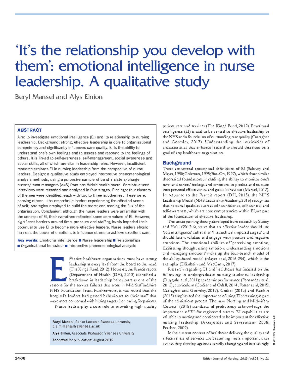 Emotional Intelligence in Nurse Leadership: A Qualitative Study on ...