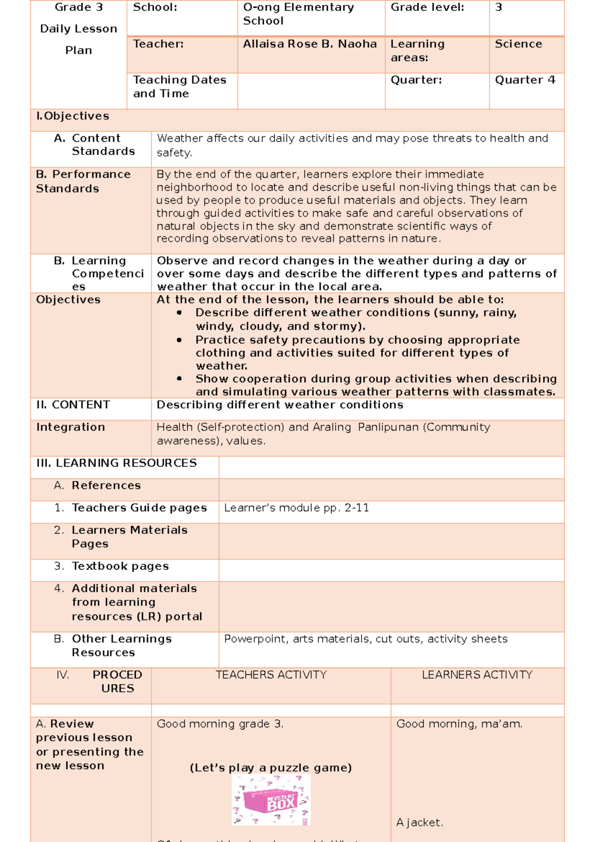 Grade 3 Science Daily Lesson Plan: Weather Patterns & Safety - Studocu