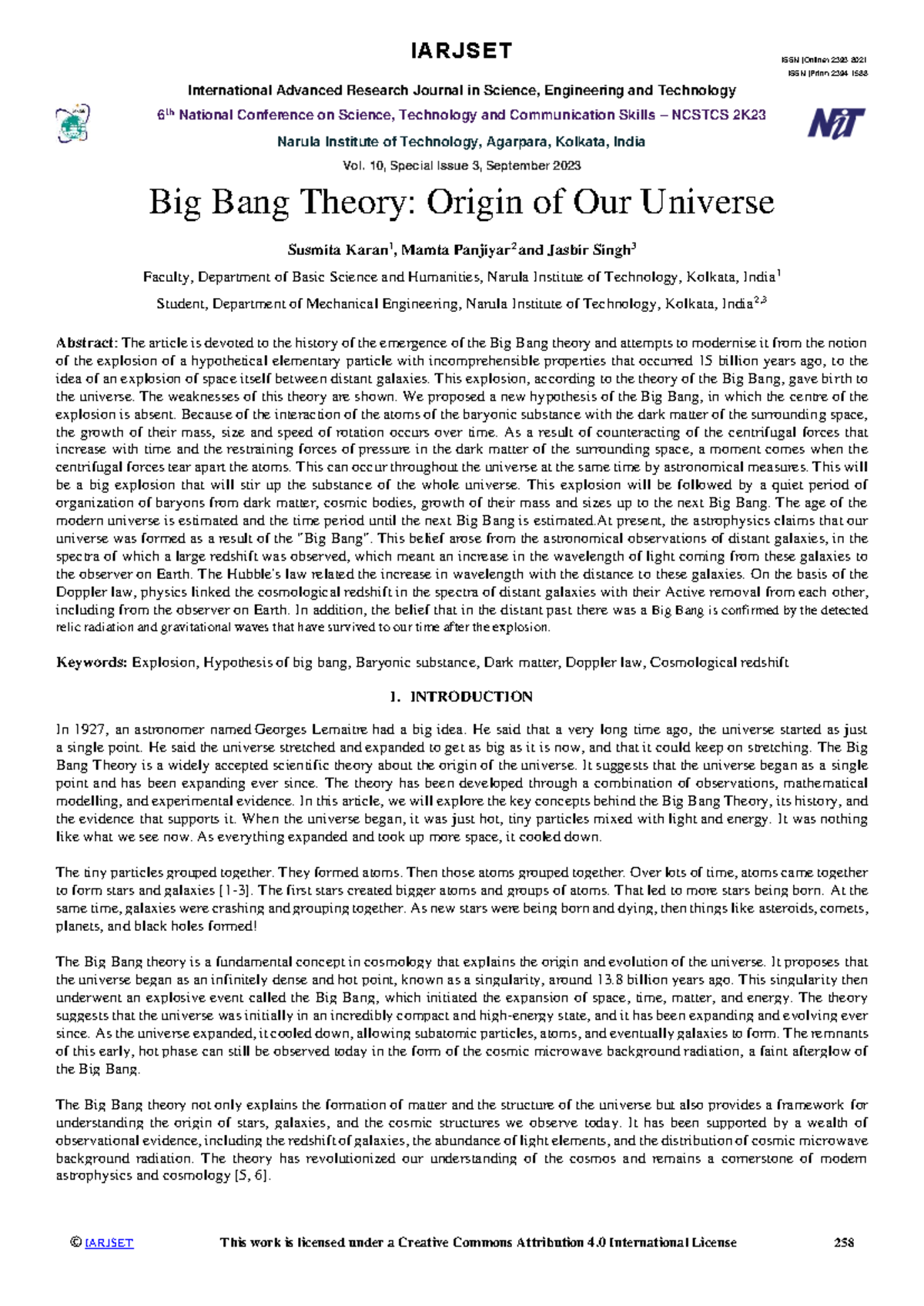 IARJSET NCSTCS 2K23: Exploring the Big Bang Theory and Its Evolution ...