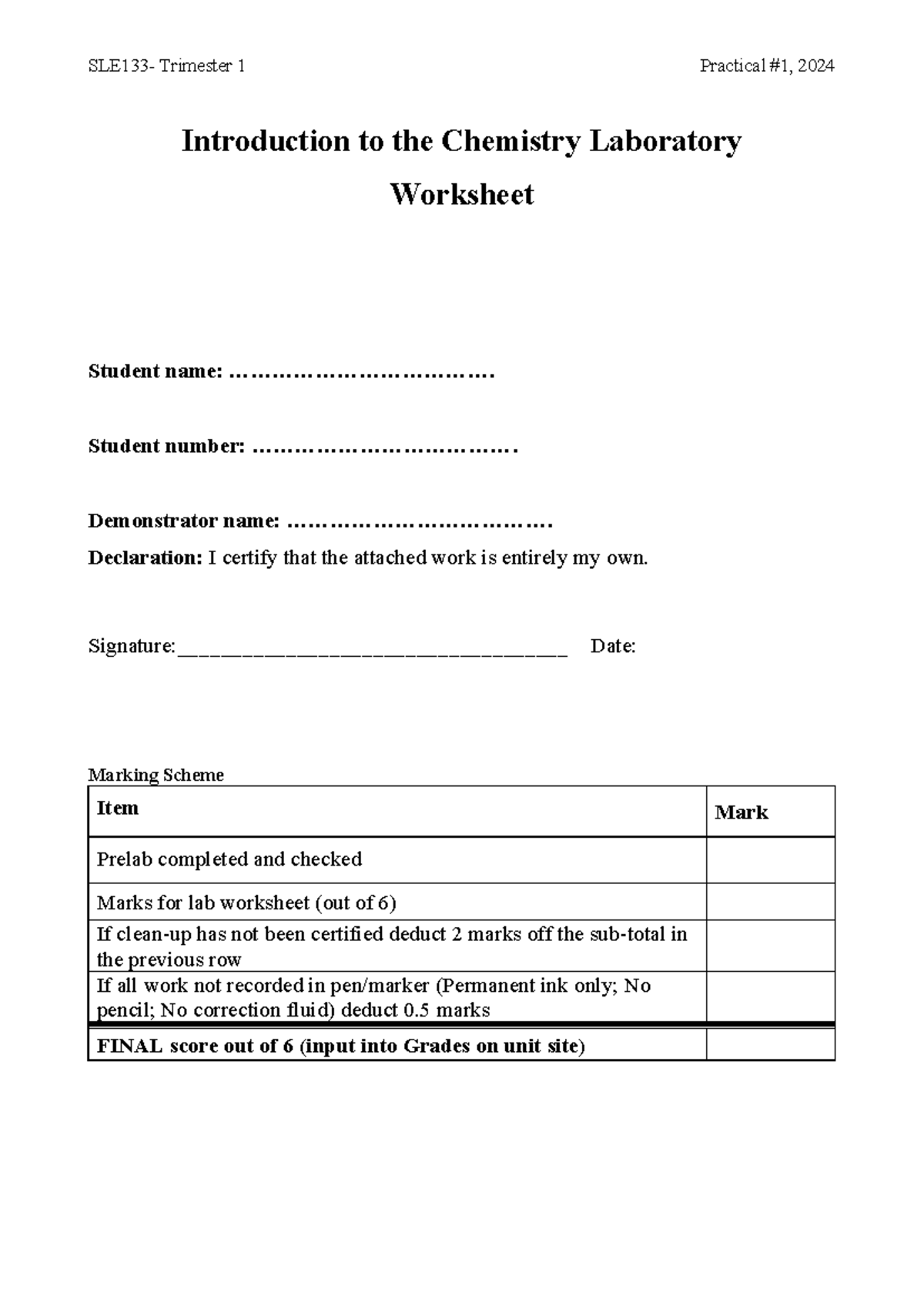 SLE133 Trimester 1 Practical 2024: Chemistry Lab Worksheet - Studocu