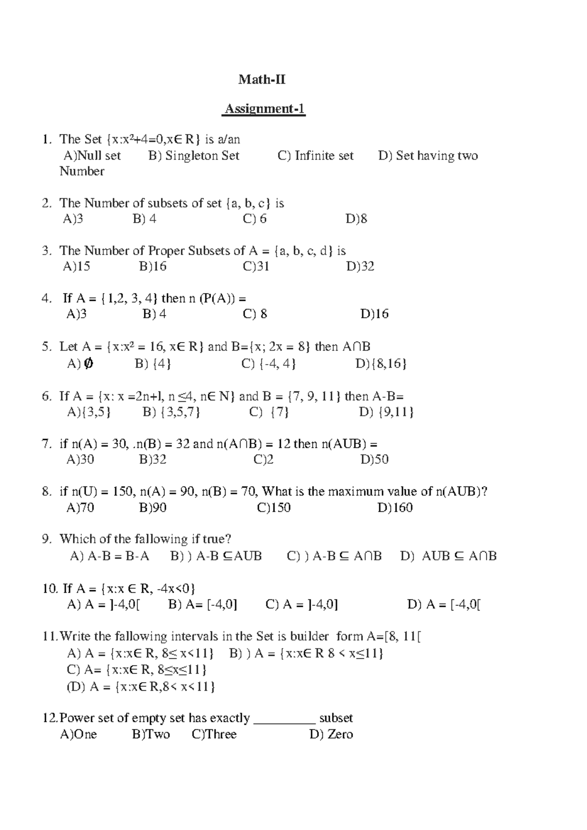 Math-II Assignment Notes: Set Theory Concepts and Problems - Studocu