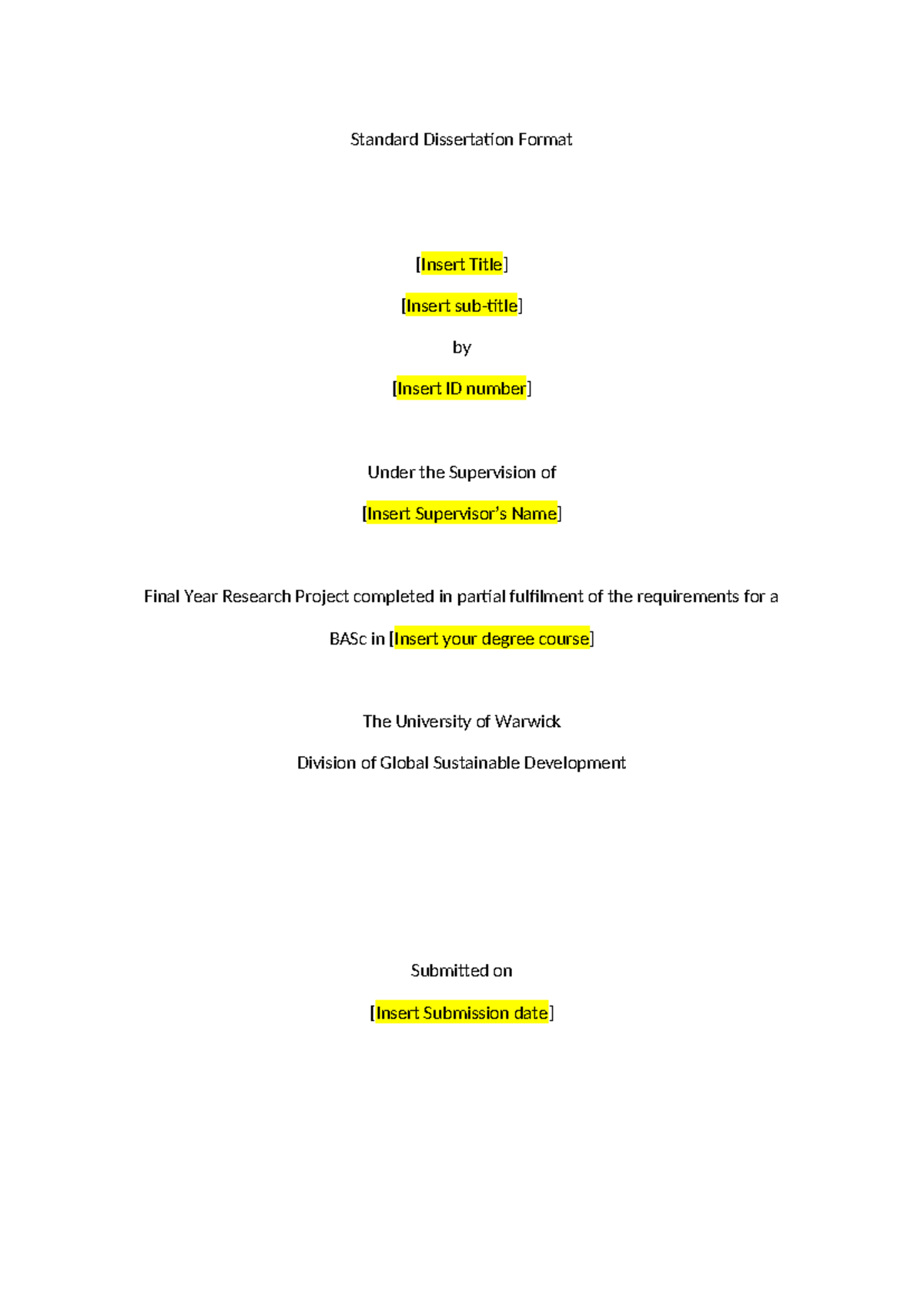 BASc Dissertation Template - Standard Format for Final Submission - Studocu