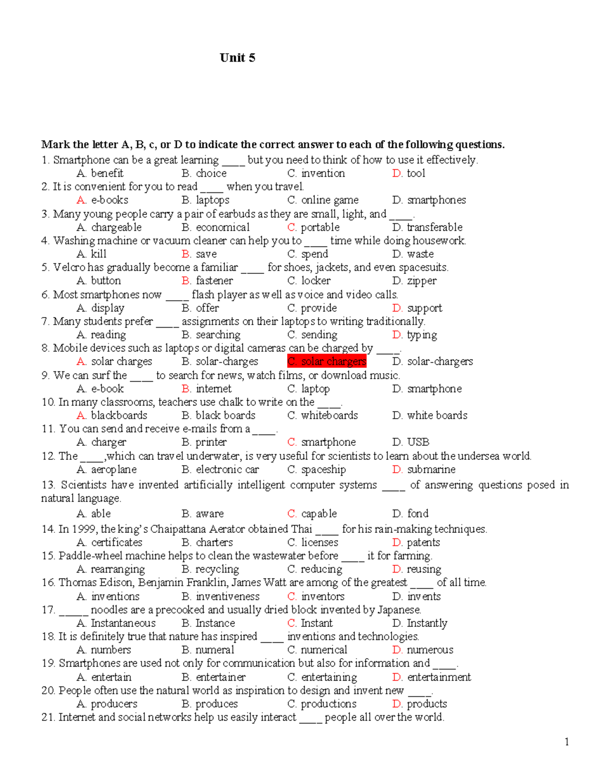Unit 5 Quiz Answers: A, B, C, or D for Each Question - Studocu