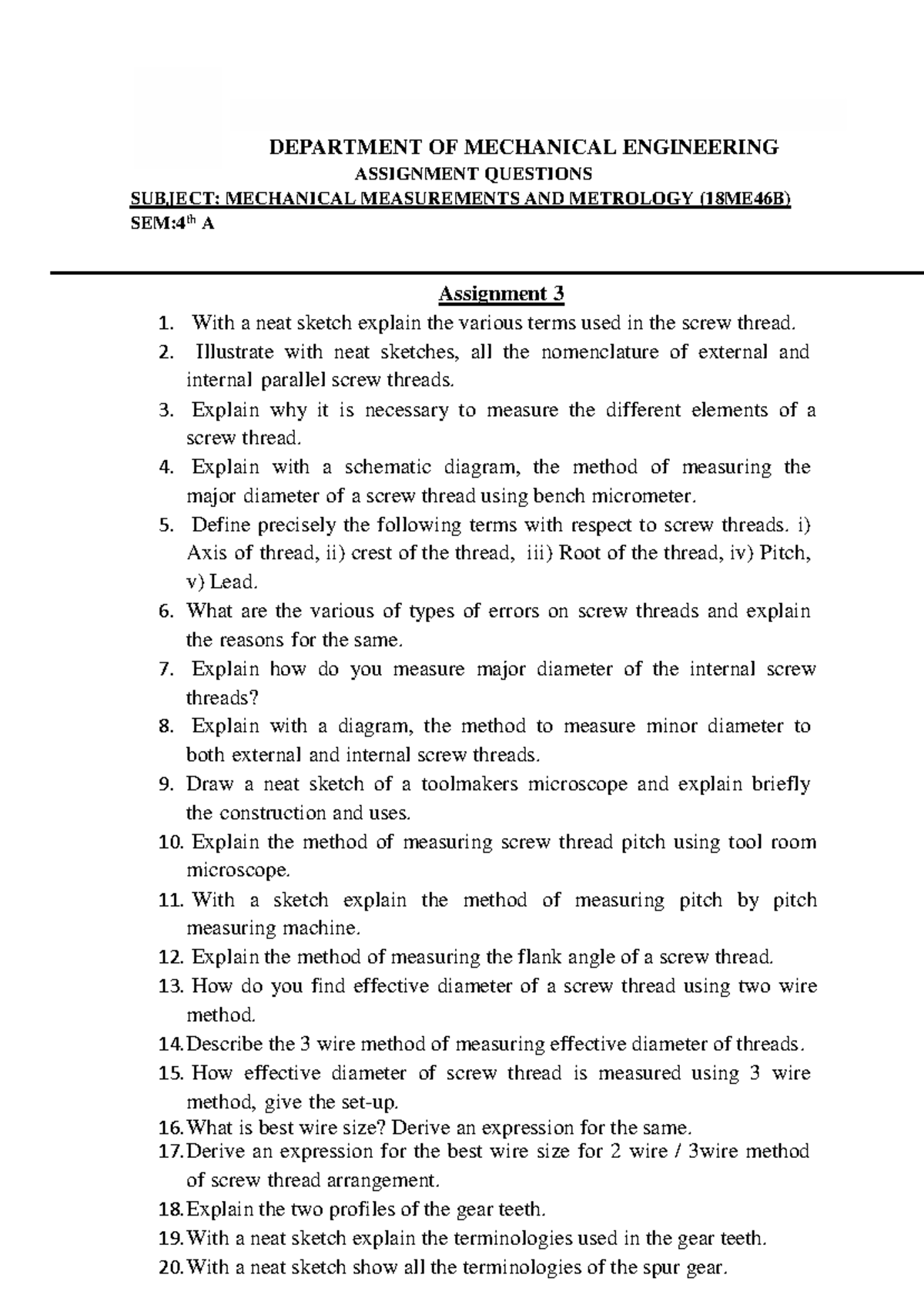 Mechanical Measurements & Metrology Assignment 3 (18ME46B) Analysis ...