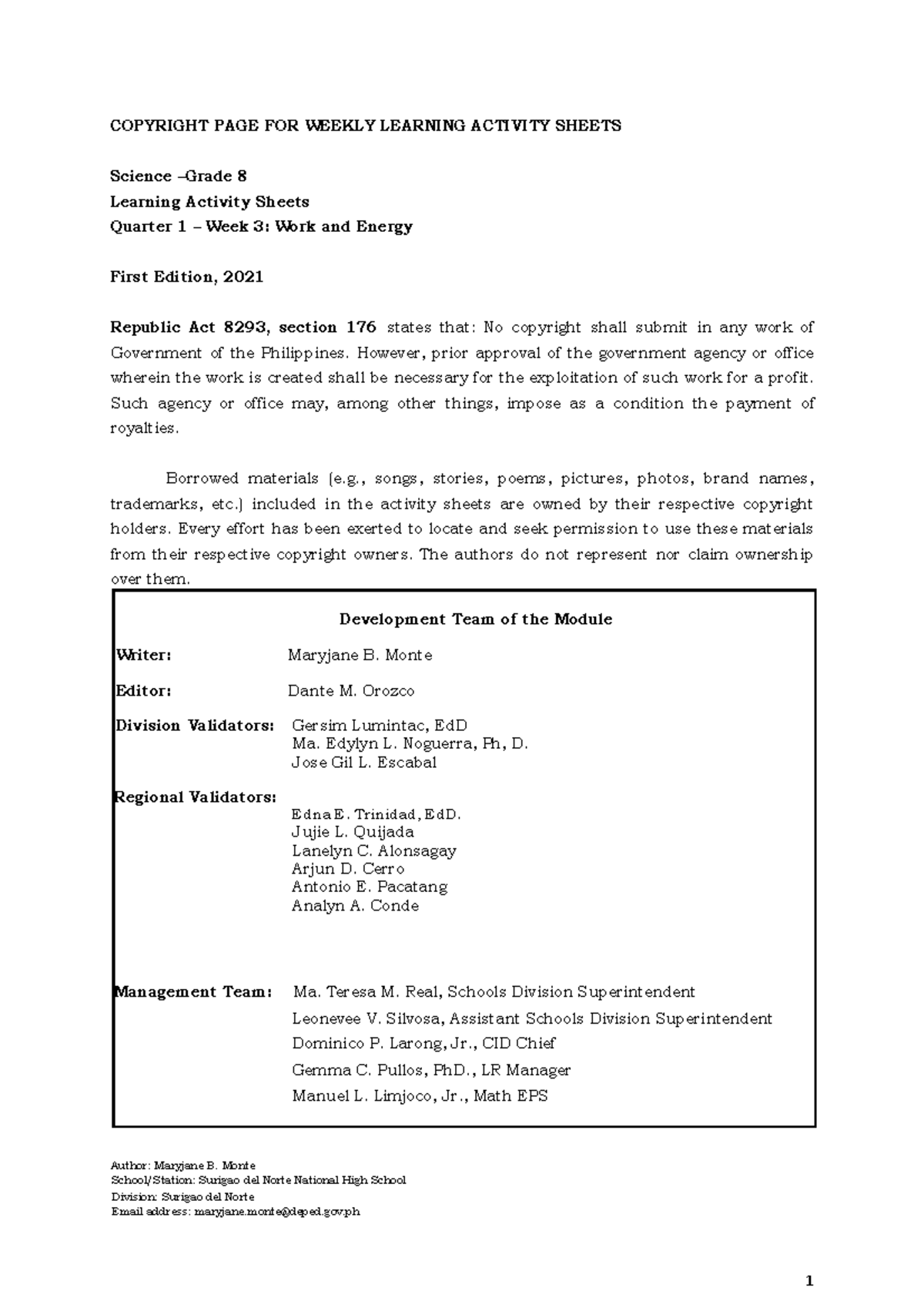S8 Q1 W3 - Learning Activity Sheets on Work and Energy in Science - Studocu