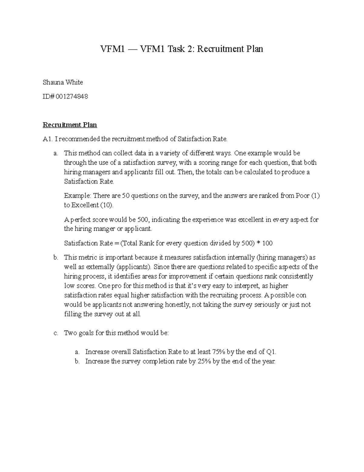 VFM1 Task 2: Recruitment Plan and Satisfaction Rate Analysis - Studocu