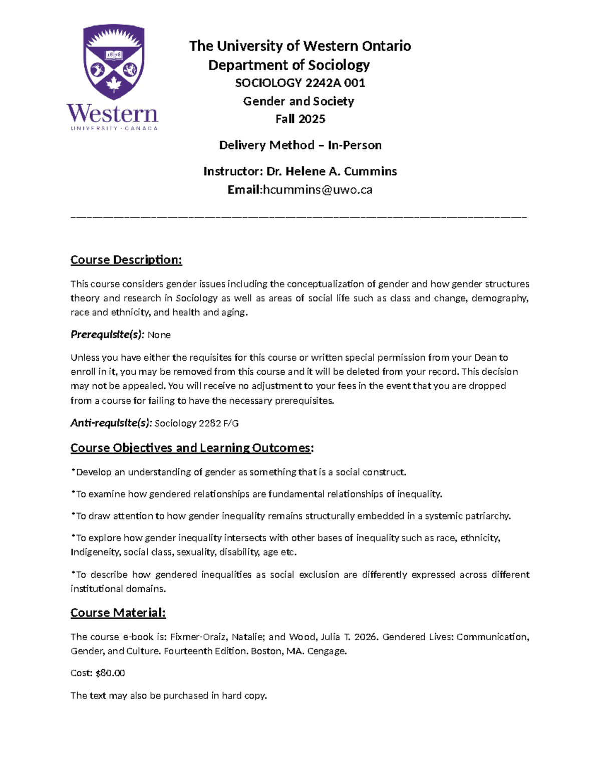 Syllabus for SOCIOLOGY 2242A: Gender and Society - Fall 2025 - Studocu