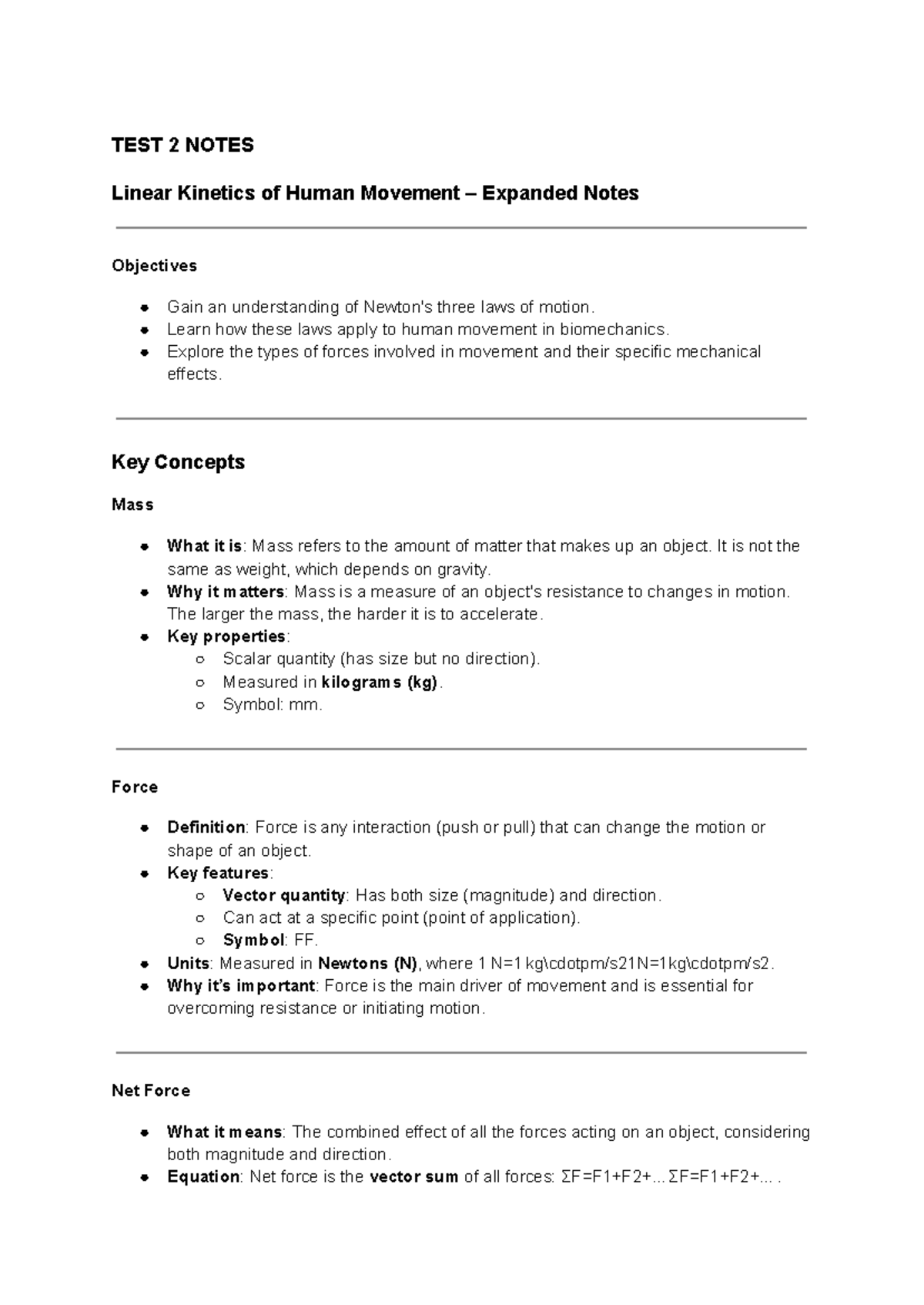 3800 TEST 2 REVIEW - Linear Kinetics of Human Movement Notes - Studocu