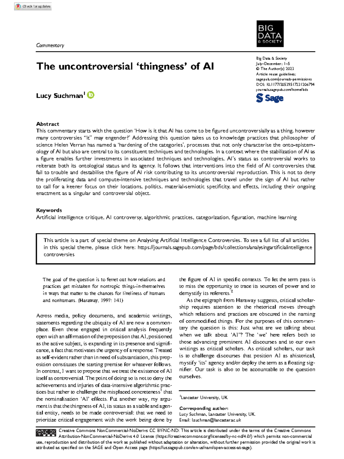 Suchman 2023: The Controversial Nature of AI's Thingness - Studocu