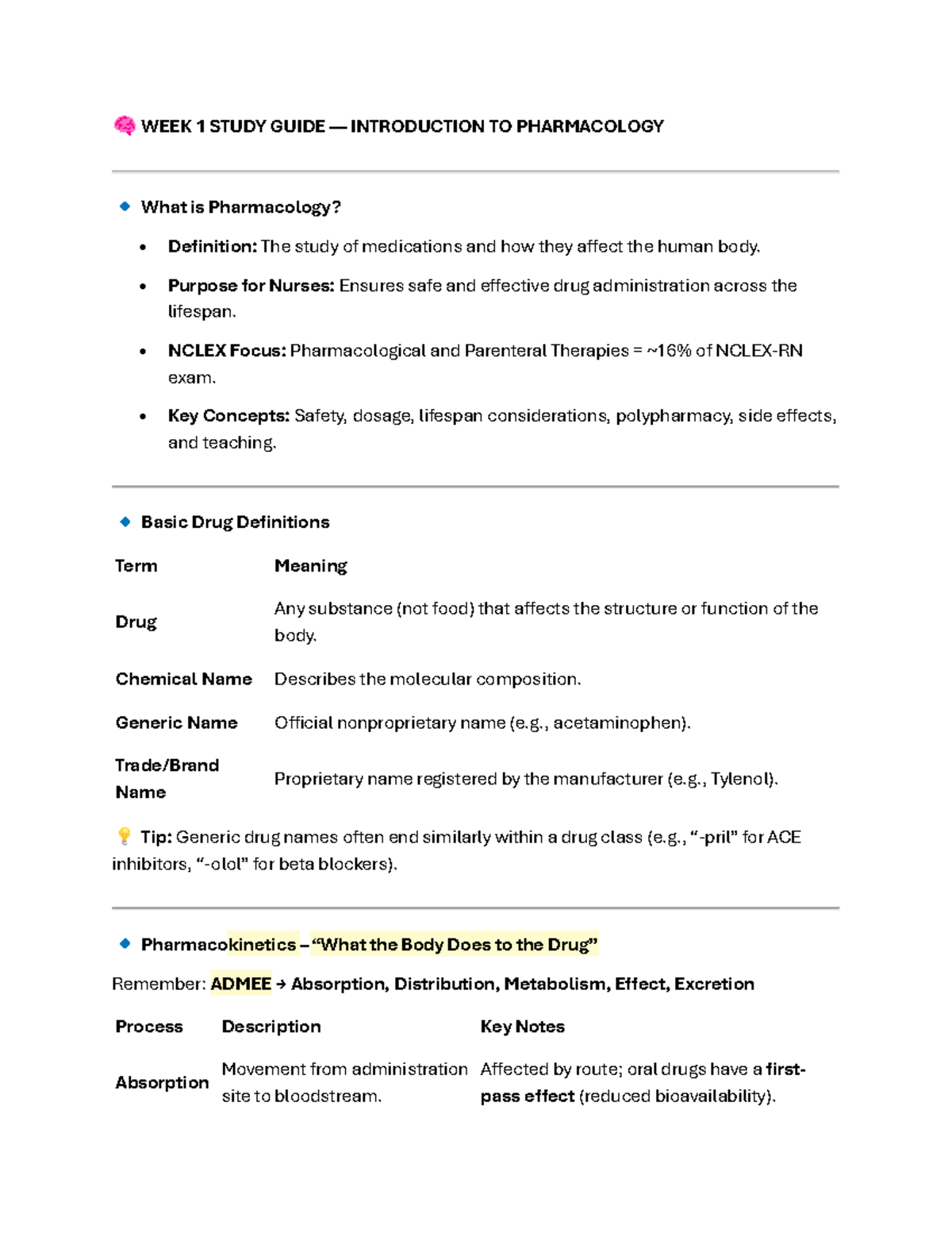 WEEK 1 PHARMACOLOGY STUDY GUIDE: INTRO TO MEDICATIONS - Studocu