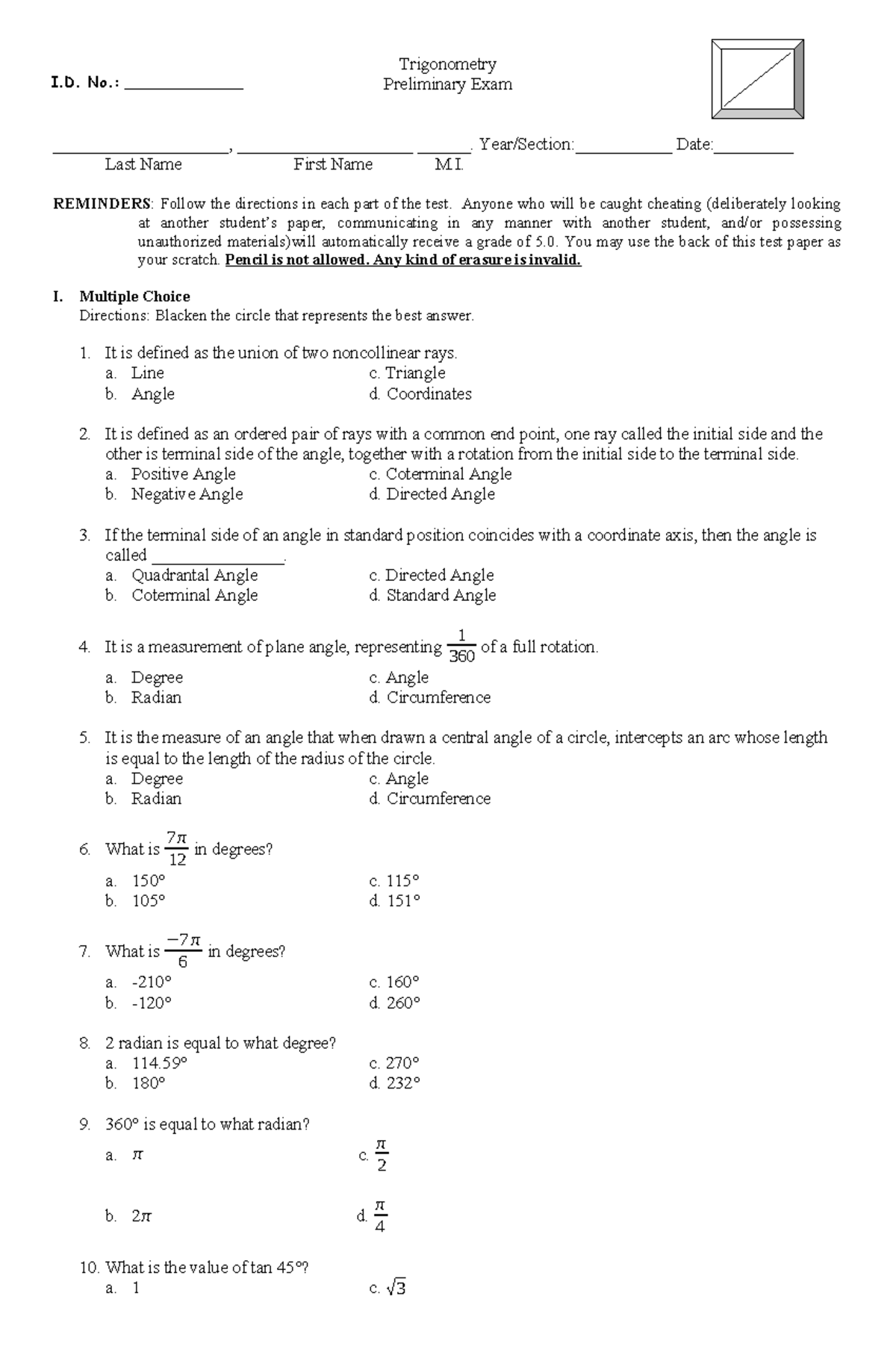 292569540 Trigonometry Preliminary Exam Questions and Answers - Studocu