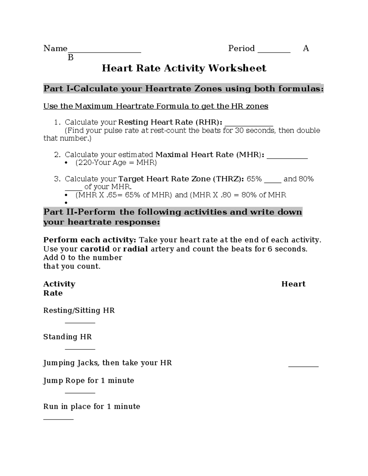 Heart Rate Activity Worksheet: Calculation & Response Analysis - Studocu